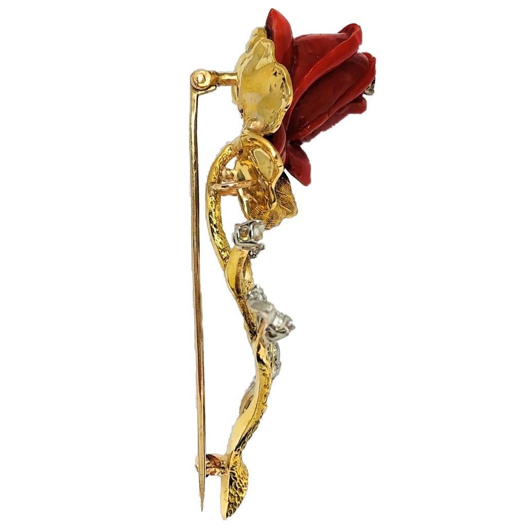 Large Scale Gold and Carved Coral Single Stem Rose Brooch with Diamonds 1