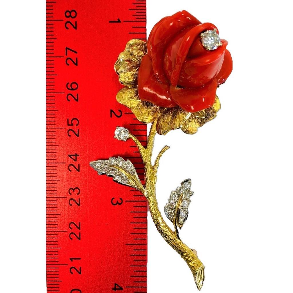 Large Scale Gold and Carved Coral Single Stem Rose Brooch with Diamonds 3