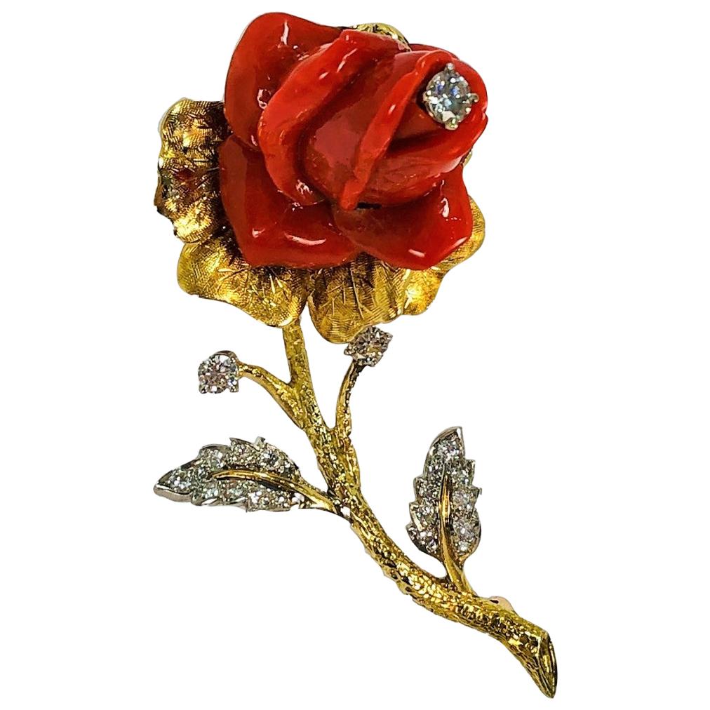 Large Scale Gold and Carved Coral Single Stem Rose Brooch with Diamonds