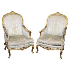 Large Scale Gold Leaf Gilded Carved French Louis XV Style Bergere Chairs 
