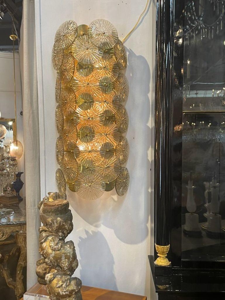 Italian Large Scale Gold Murano Glass Disc Form Sconces For Sale