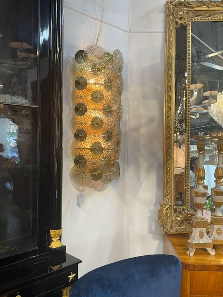 Large Scale Gold Murano Glass Disc Form Sconces In Good Condition For Sale In Dallas, TX