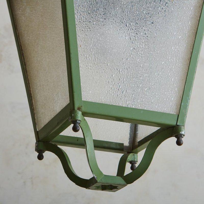 Large Scale Green Metal + Glass Lantern, France, 1950s 3
