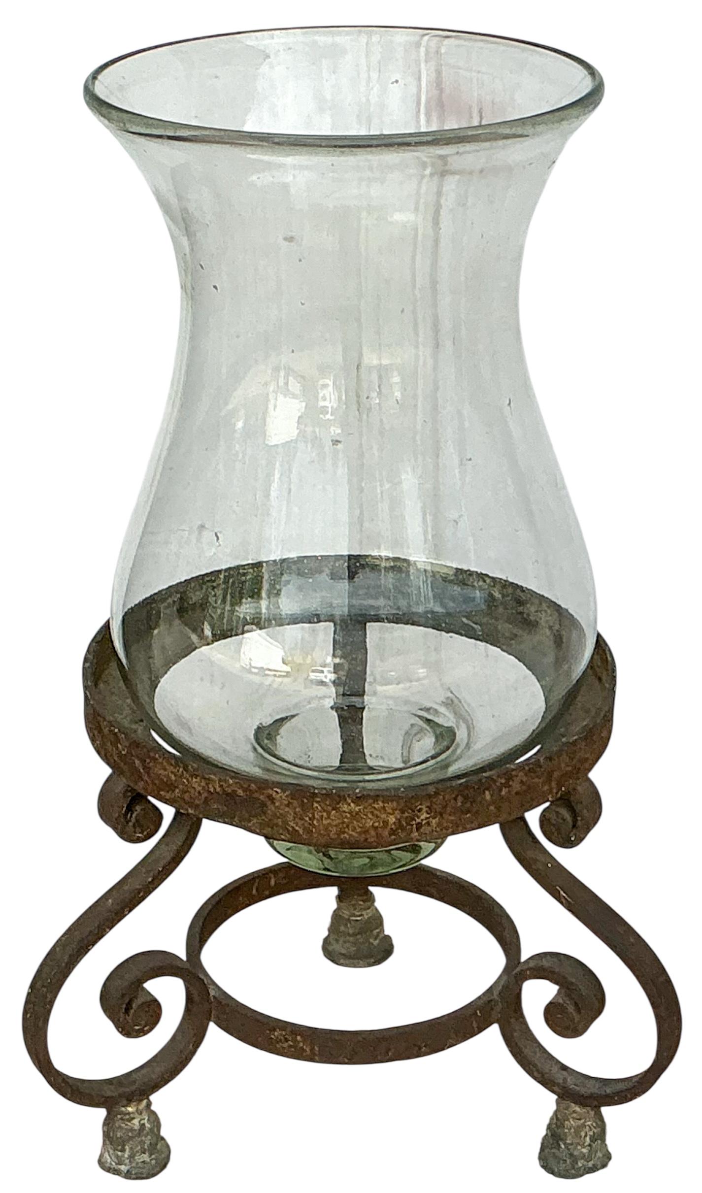 Large Scale Hand Forged Iron And Blown Glass Hurricane Style Candle Holder In Good Condition For Sale In Kennesaw, GA