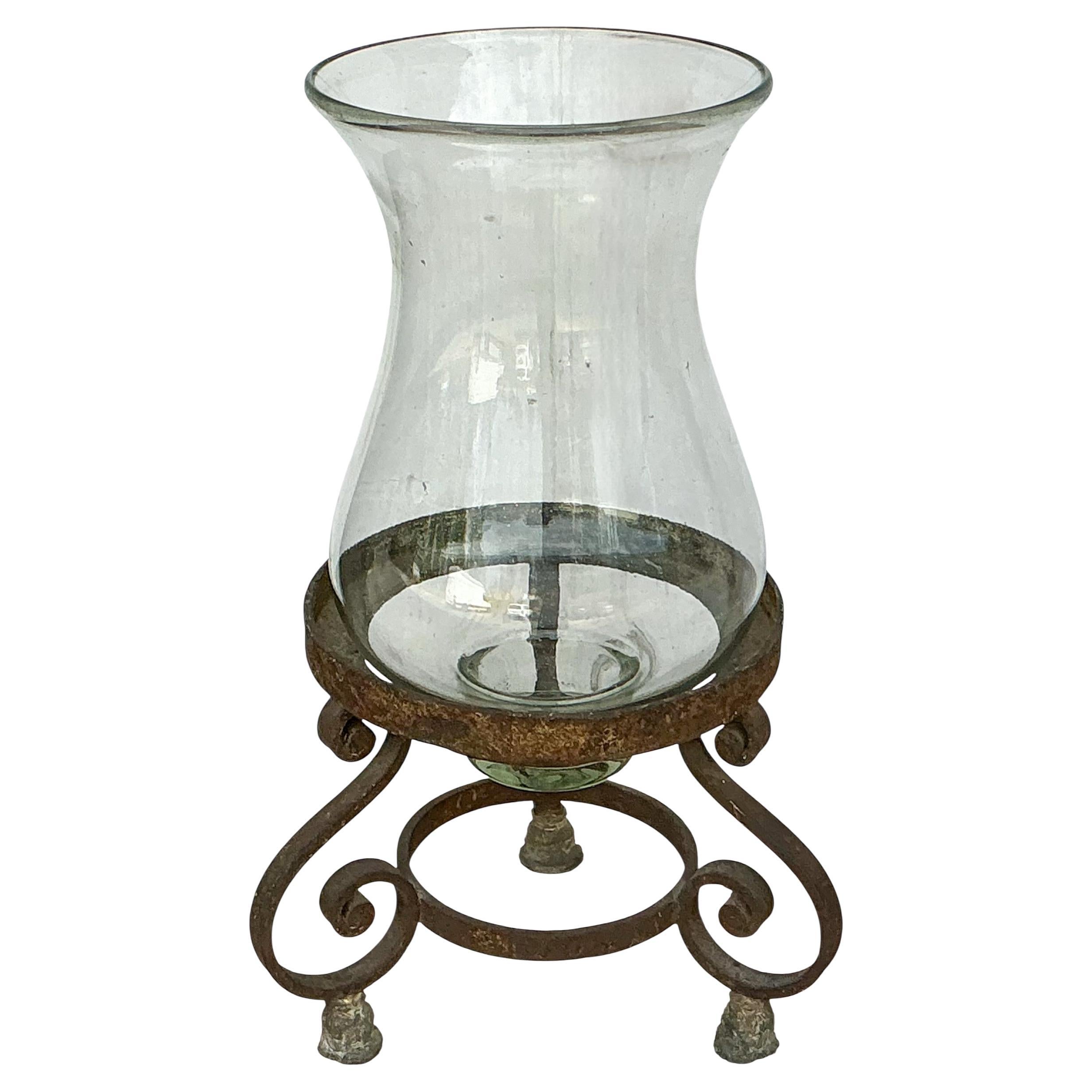 Large Scale Hand Forged Iron And Blown Glass Hurricane Style Candle Holder For Sale