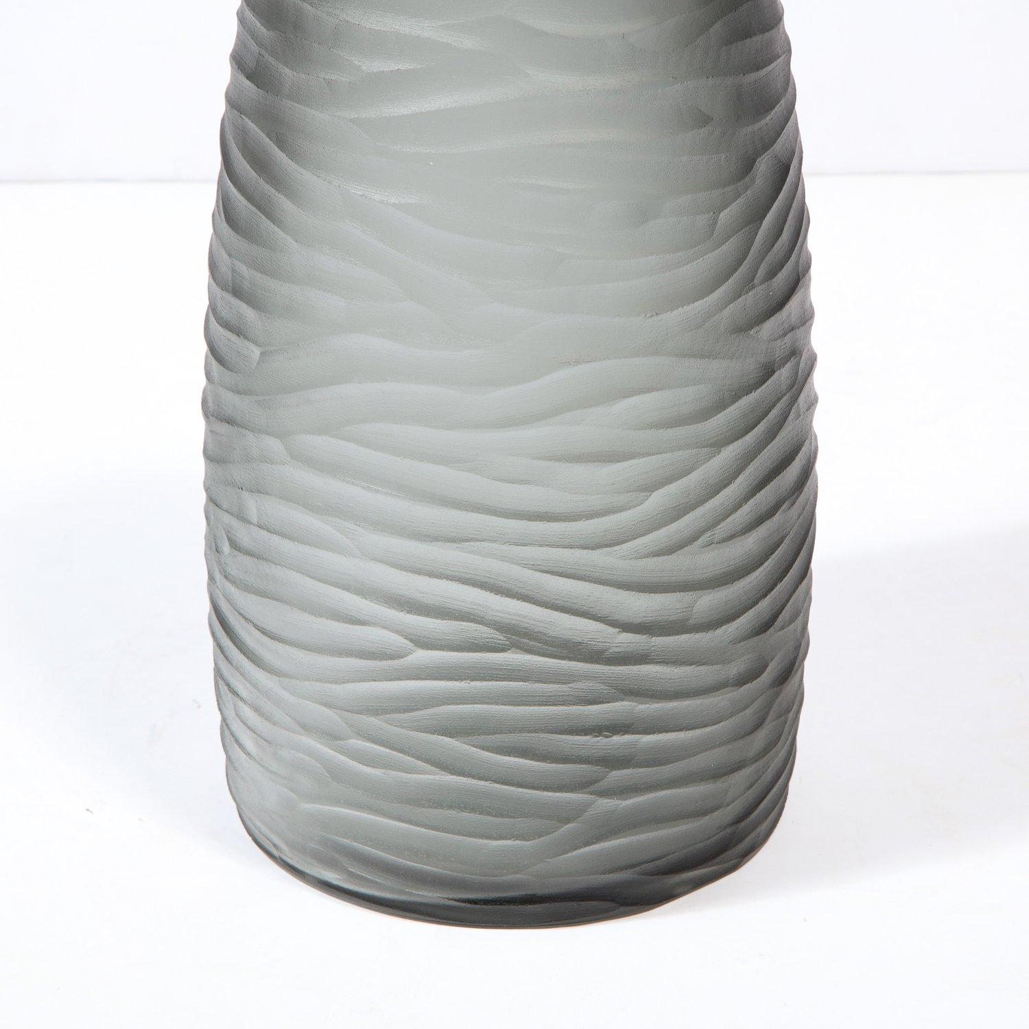 Contemporary Large Scale Handblown Murano Frosted & Textured Graphite Vase For Sale