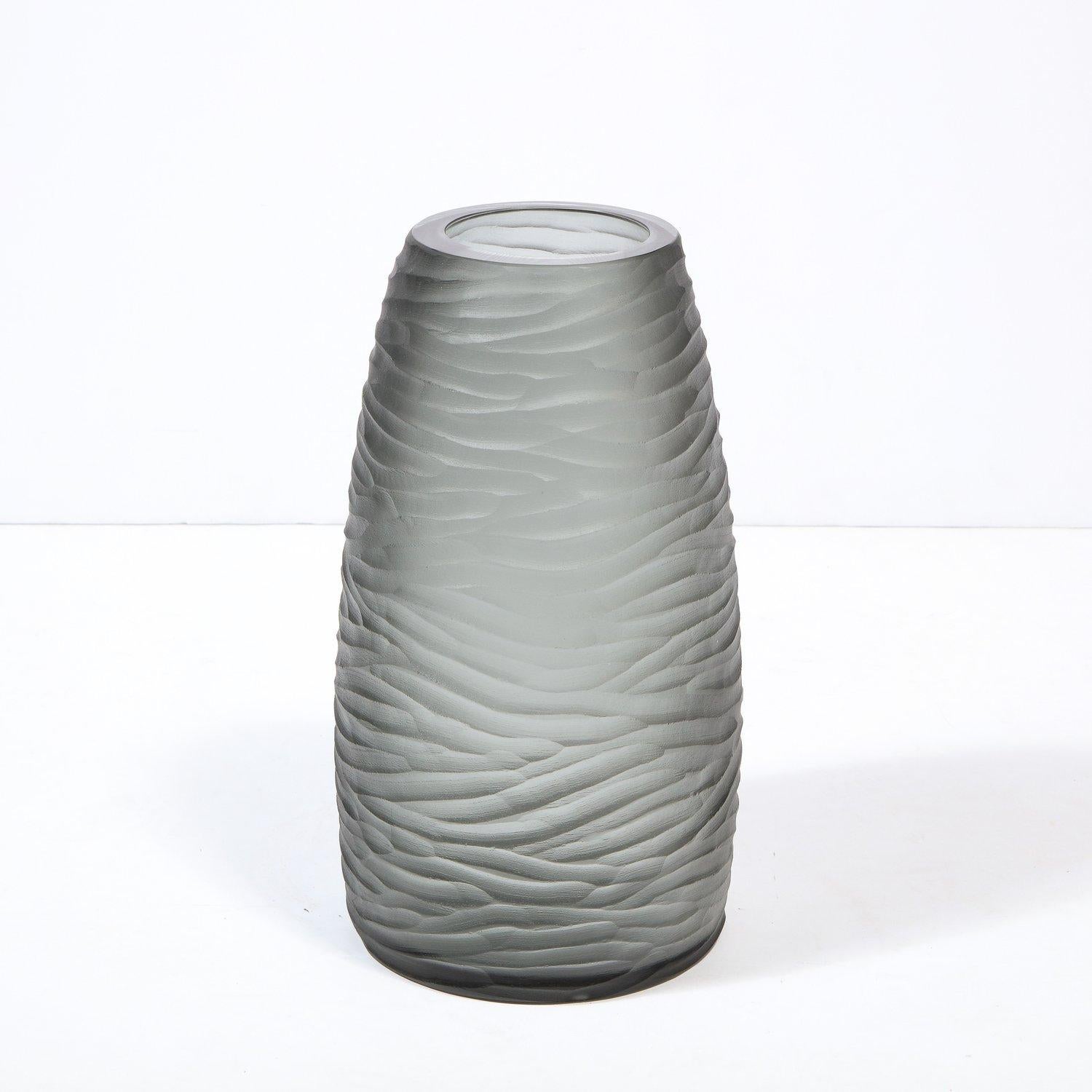 Murano Glass Large Scale Handblown Murano Frosted & Textured Graphite Vase For Sale