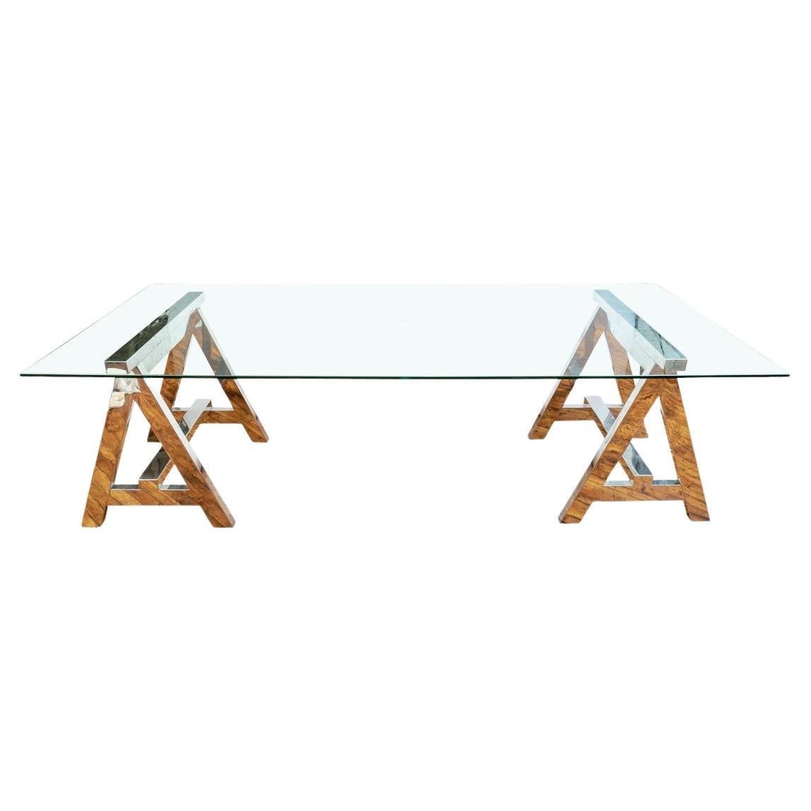 Large Scale Industrial  Style Top Chrome Saw Horse Dining Table/ Desk