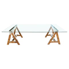 Large Scale Industrial  Style Top Chrome Saw Horse Dining Table/ Desk
