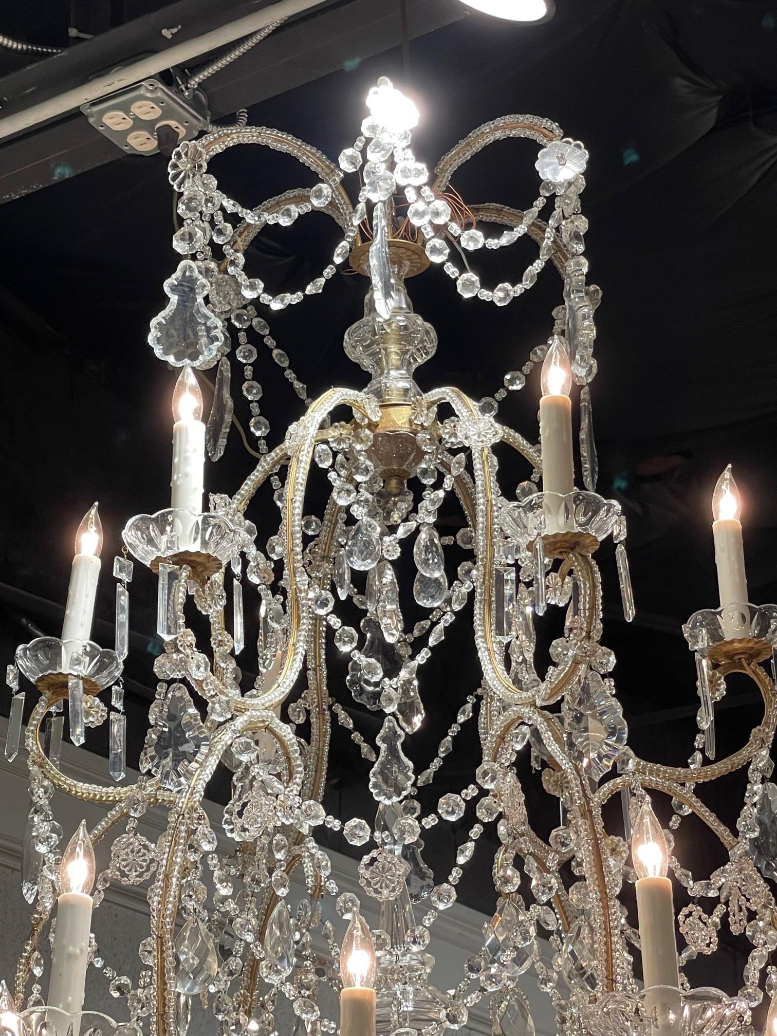 Large Scale Italian Beaded Crystal 18 Light Chandelier In Good Condition In Dallas, TX