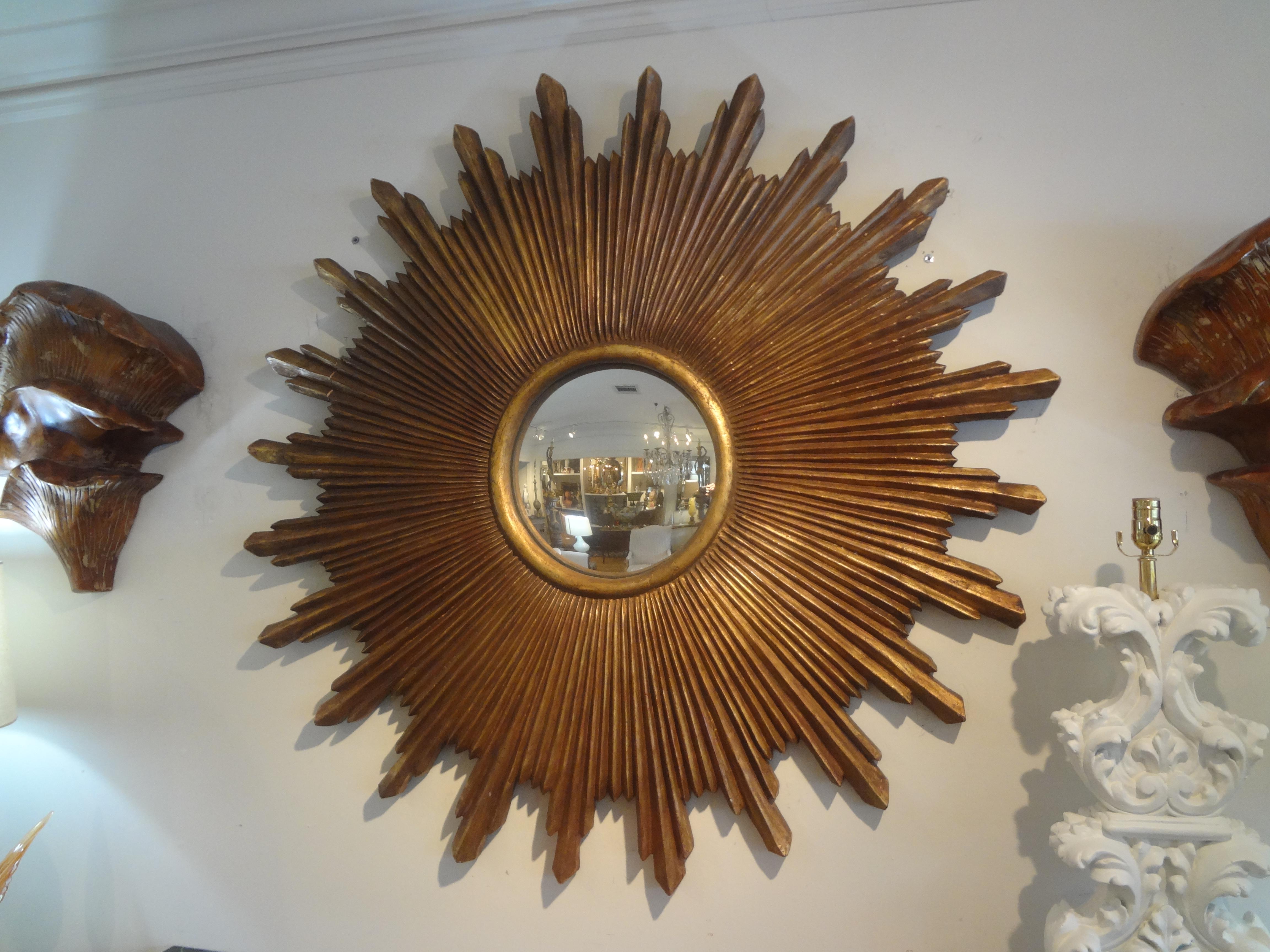Large Scale Italian Carved Giltwood Sunburst Convex Mirror 5