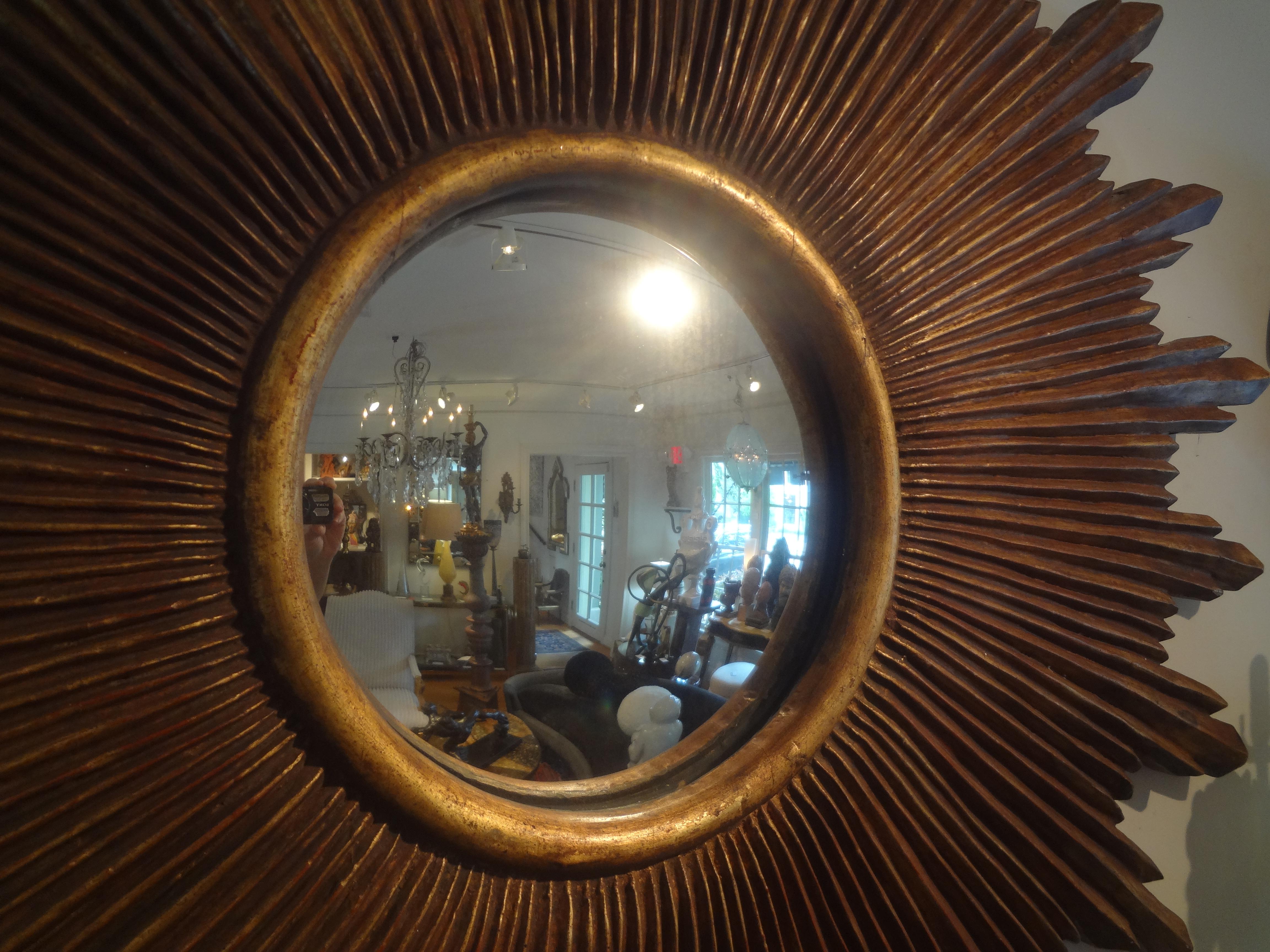 Hollywood Regency Large Scale Italian Carved Giltwood Sunburst Convex Mirror