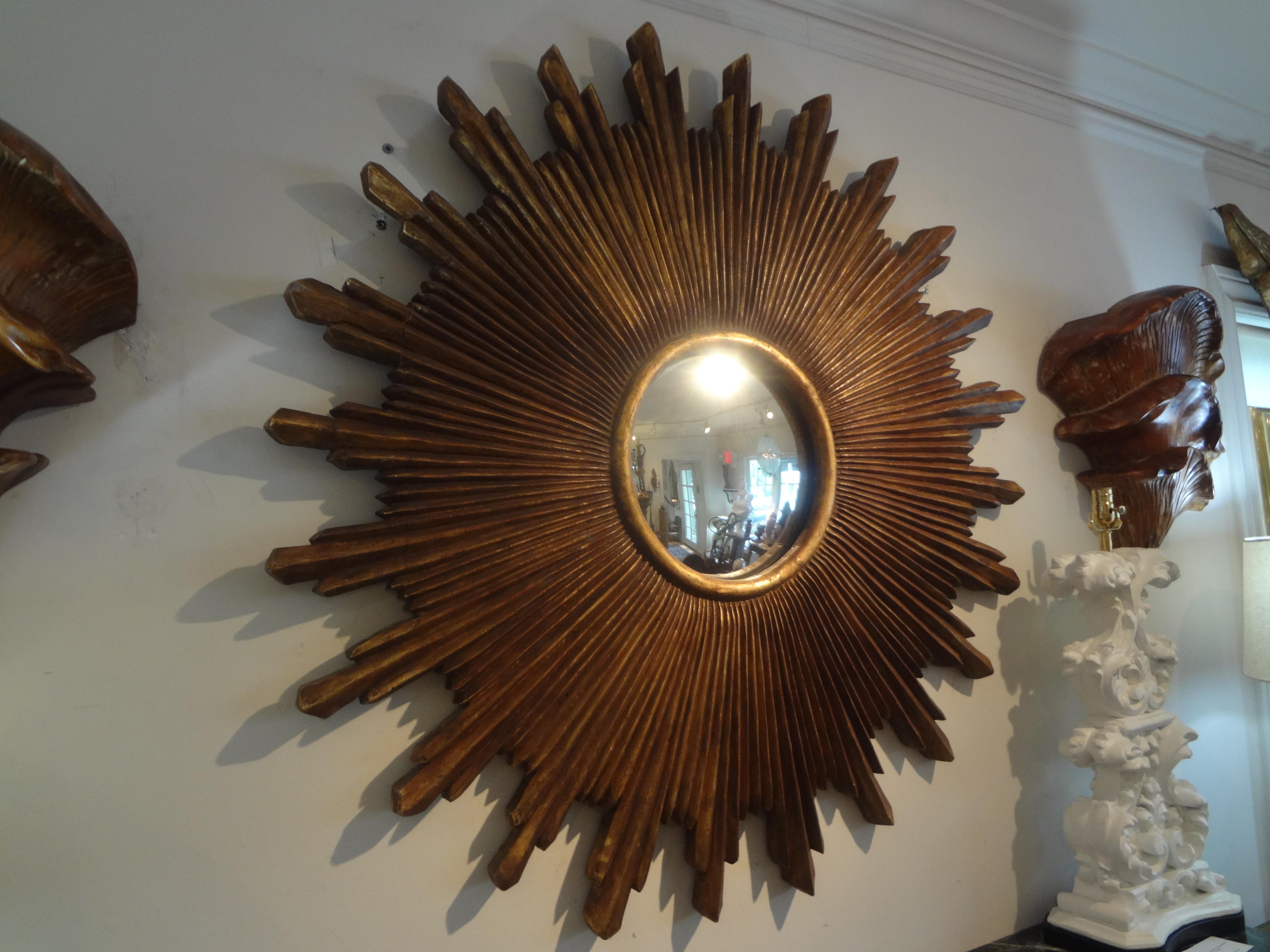 Large Scale Italian Carved Giltwood Sunburst Convex Mirror 1