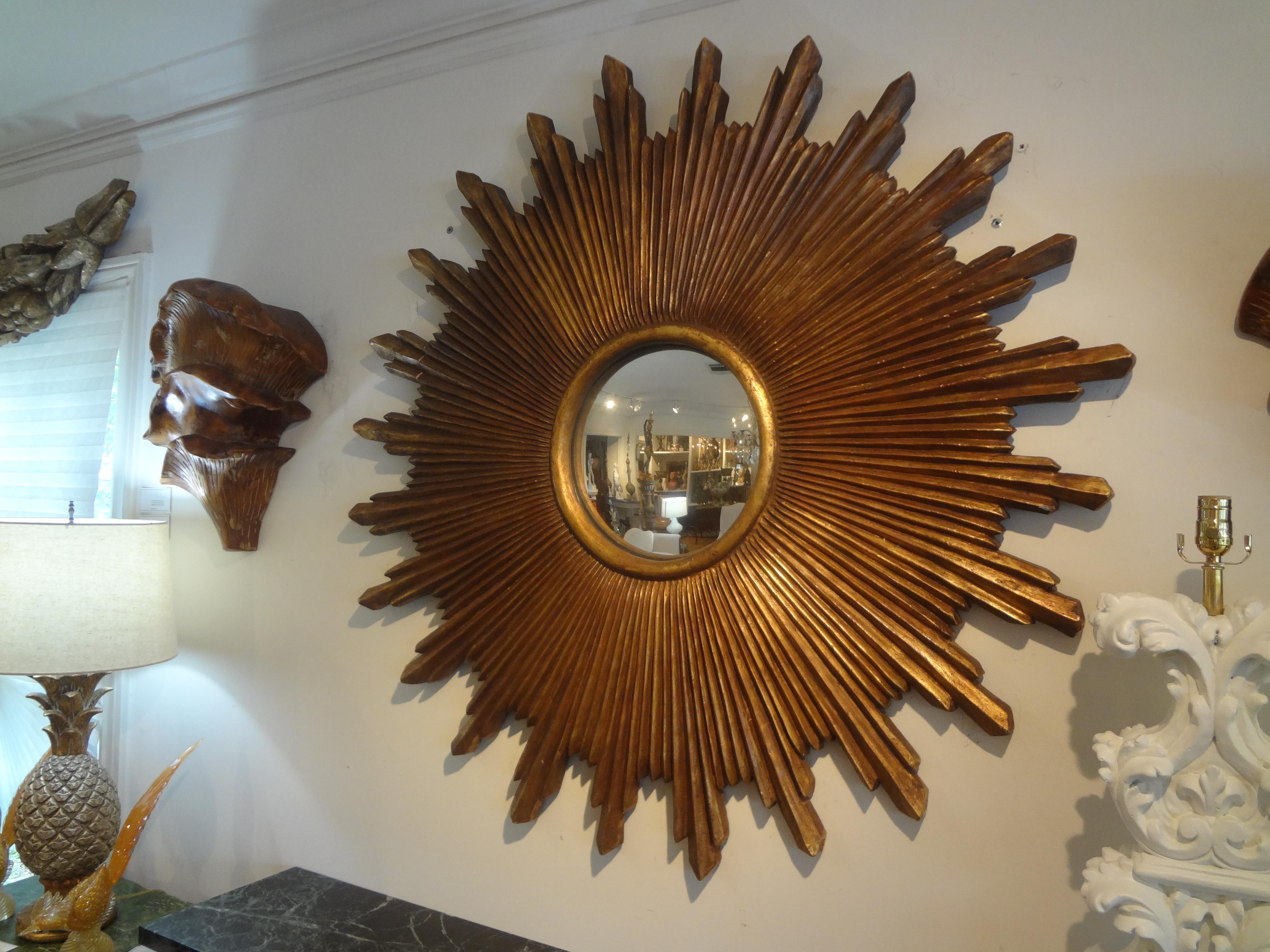 Large Scale Italian Carved Giltwood Sunburst Convex Mirror 2