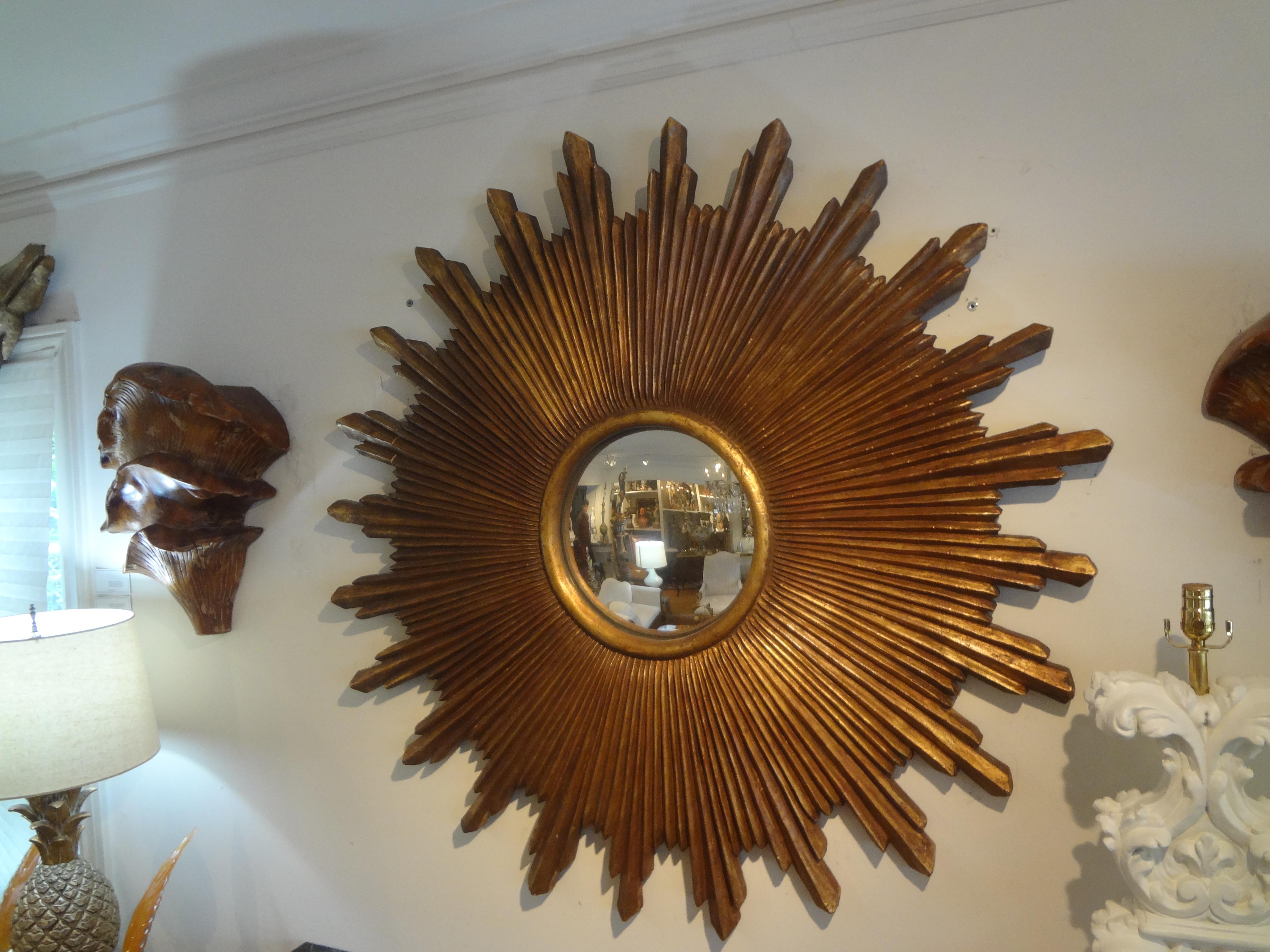 Large Scale Italian Carved Giltwood Sunburst Convex Mirror 4