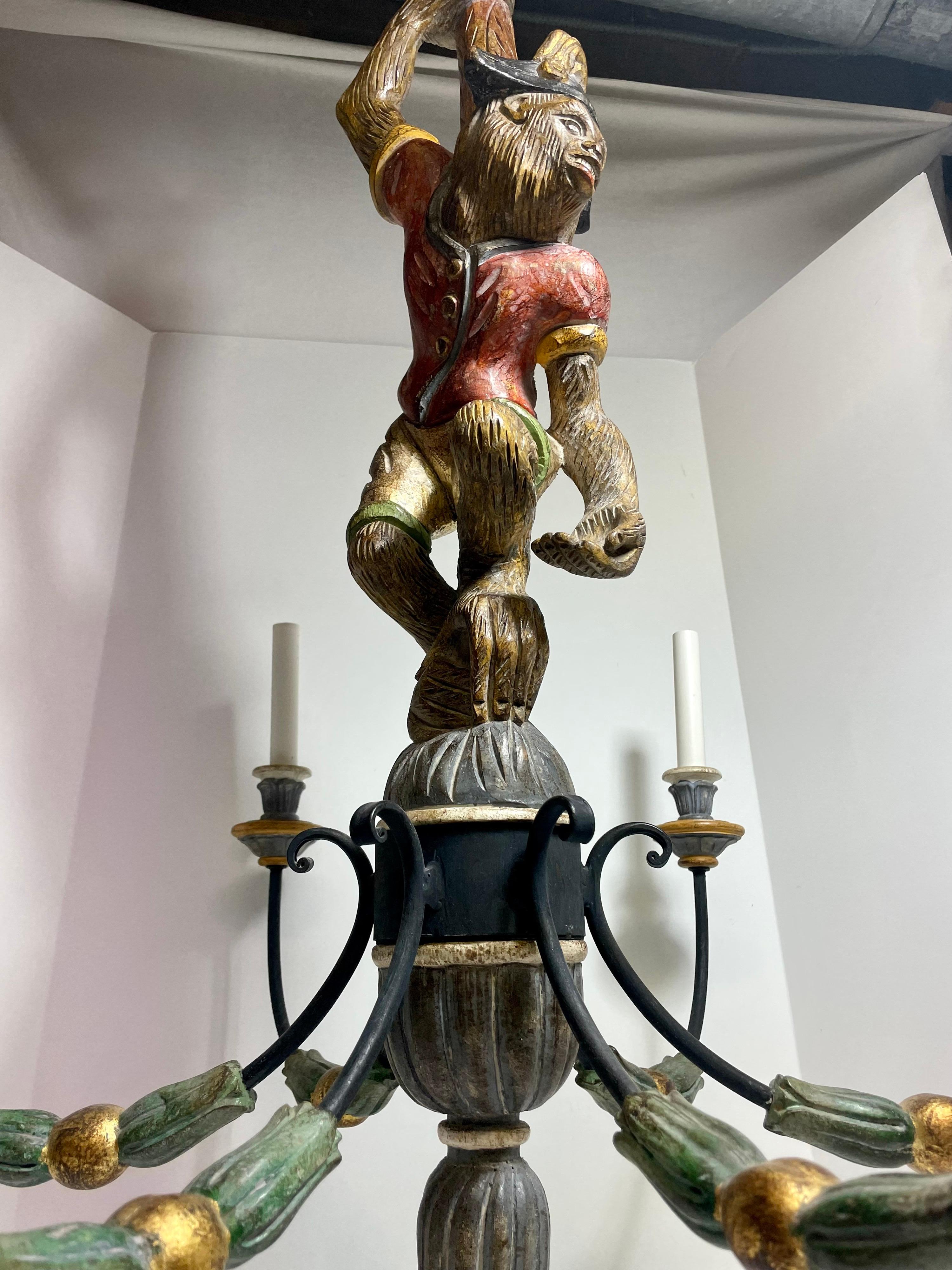 Large Scale Italian Carved Wood Monkey Chandelier 2