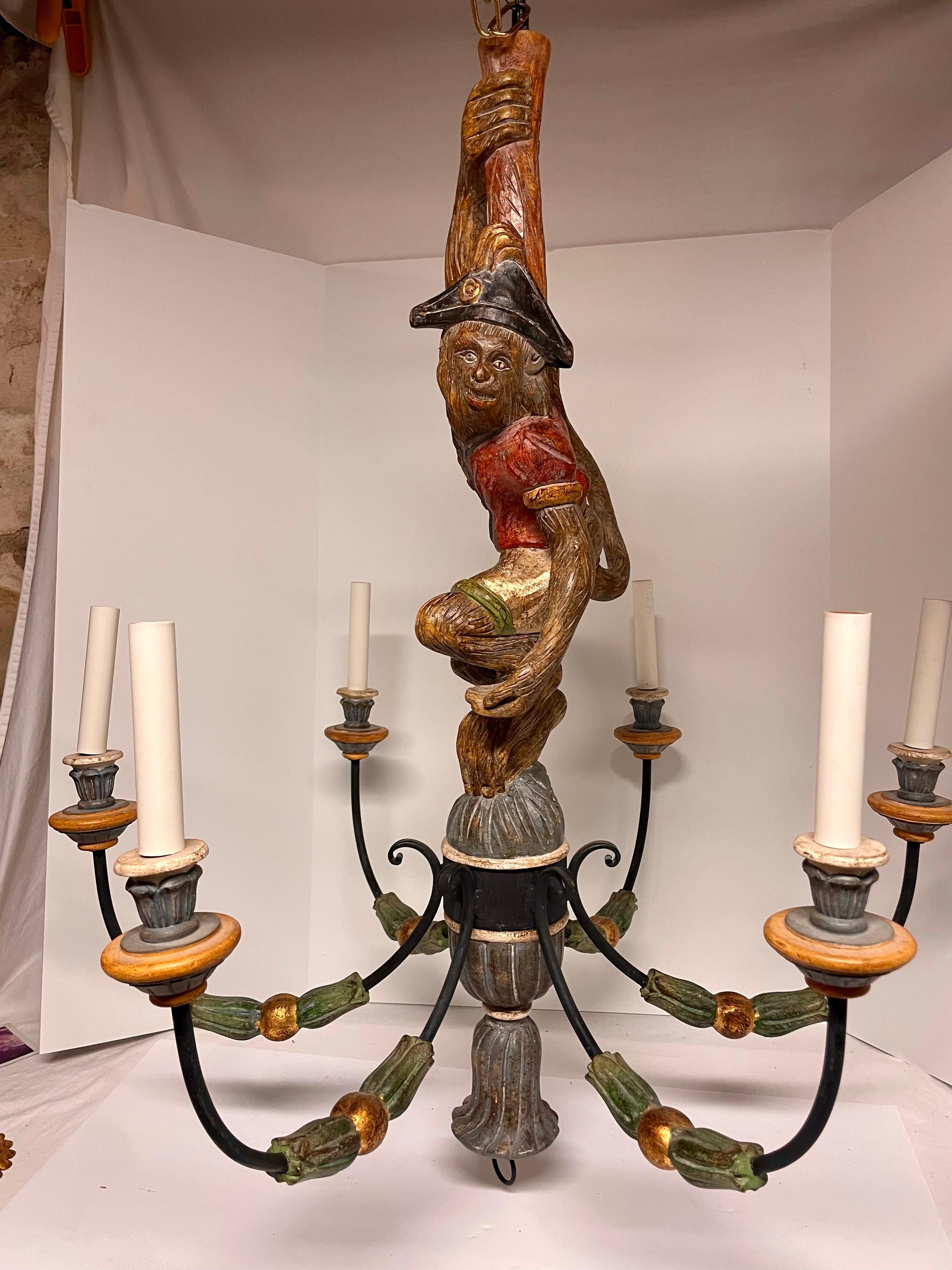 Italian Carved wood monkey chandelier, with original painted and gilded finish, Six arms. Chandelier is 29