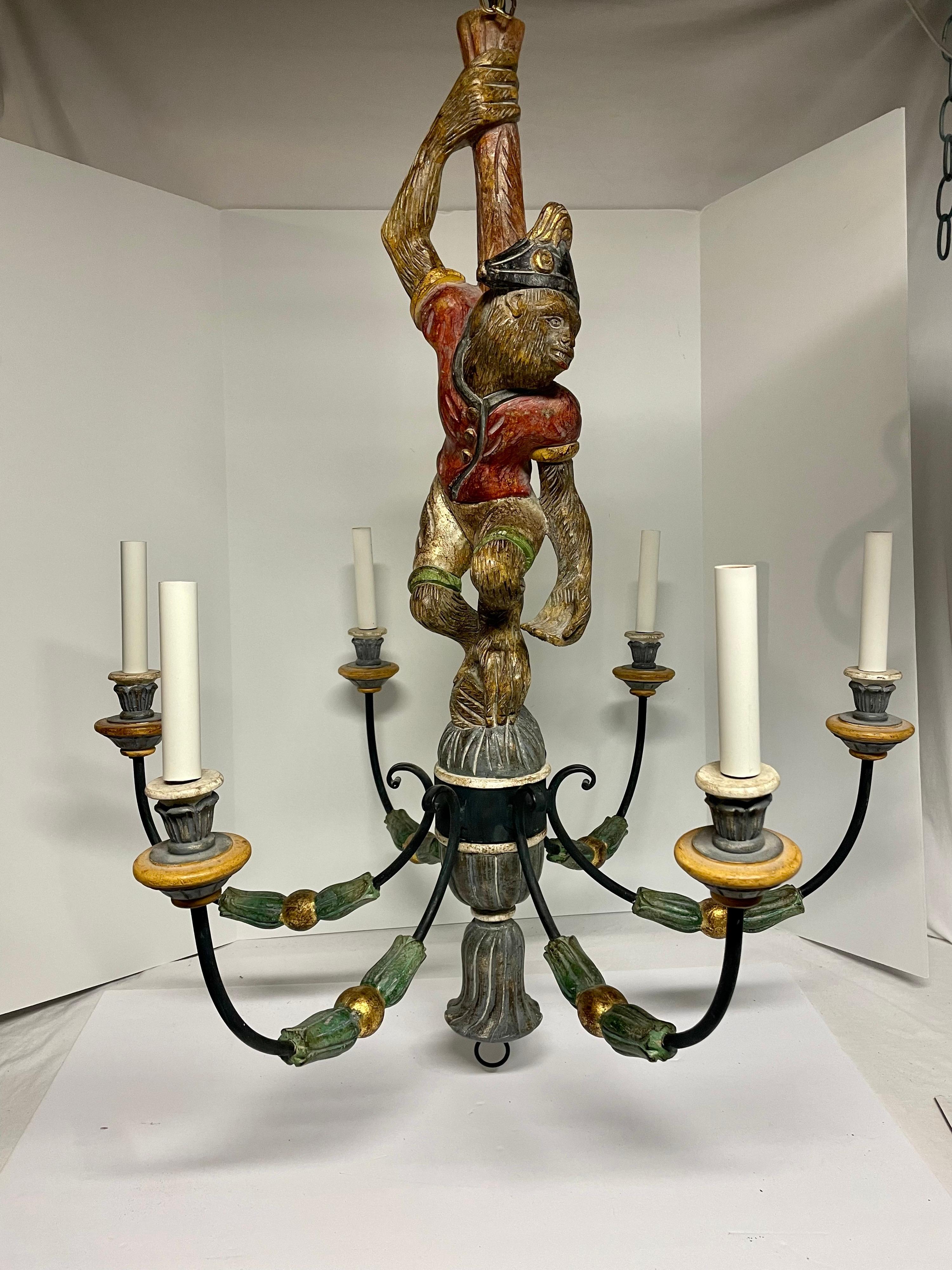 Large Scale Italian Carved Wood Monkey Chandelier In Good Condition In New York, NY