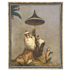 Large Scale Italian Chinoiserie Framed Signed Print On Canvas -Palms & Pagodas