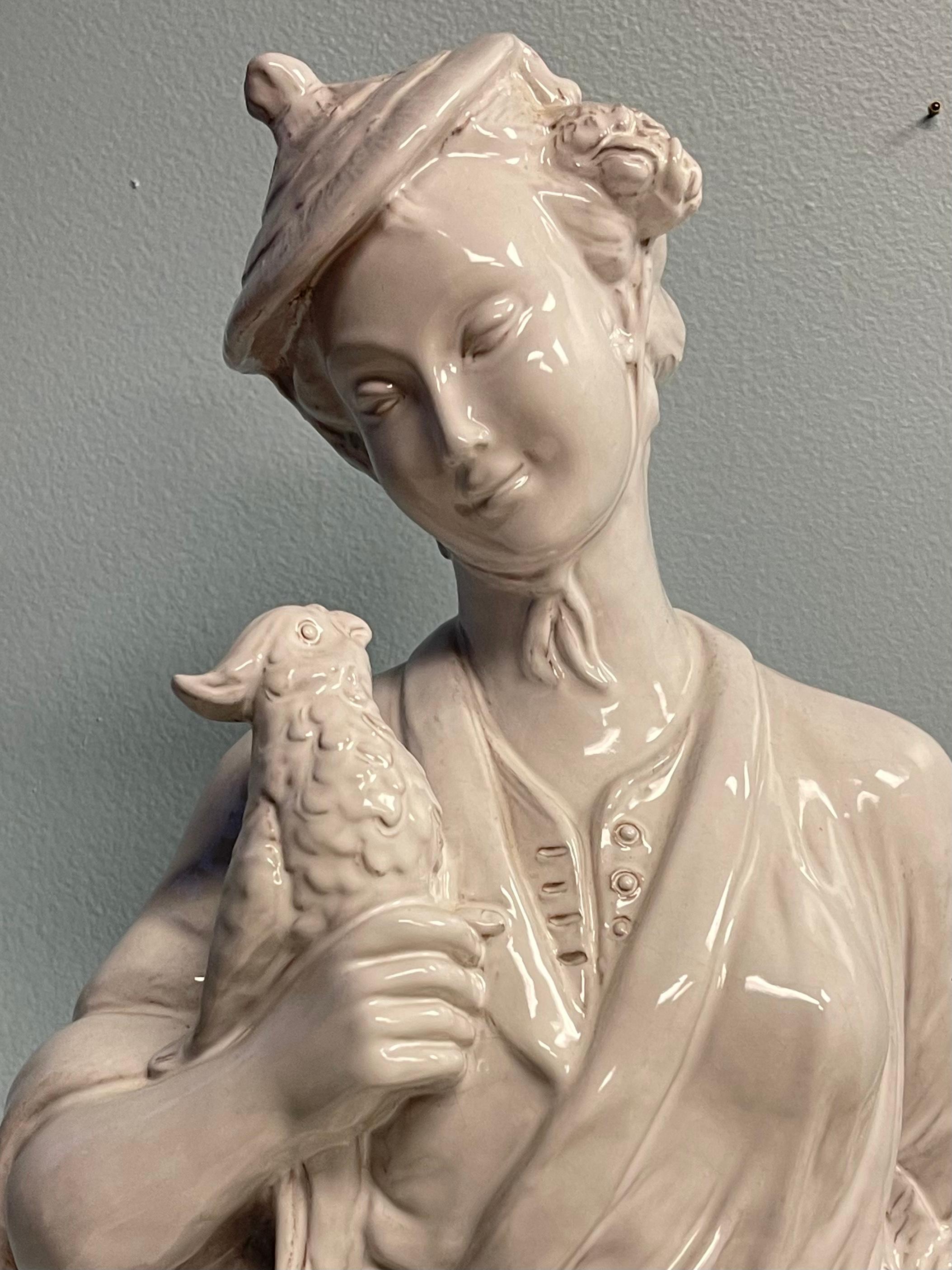 Large Scale Italian Chinoiserie Terracotta Female Figurine W/ Bird In Good Condition For Sale In Kennesaw, GA