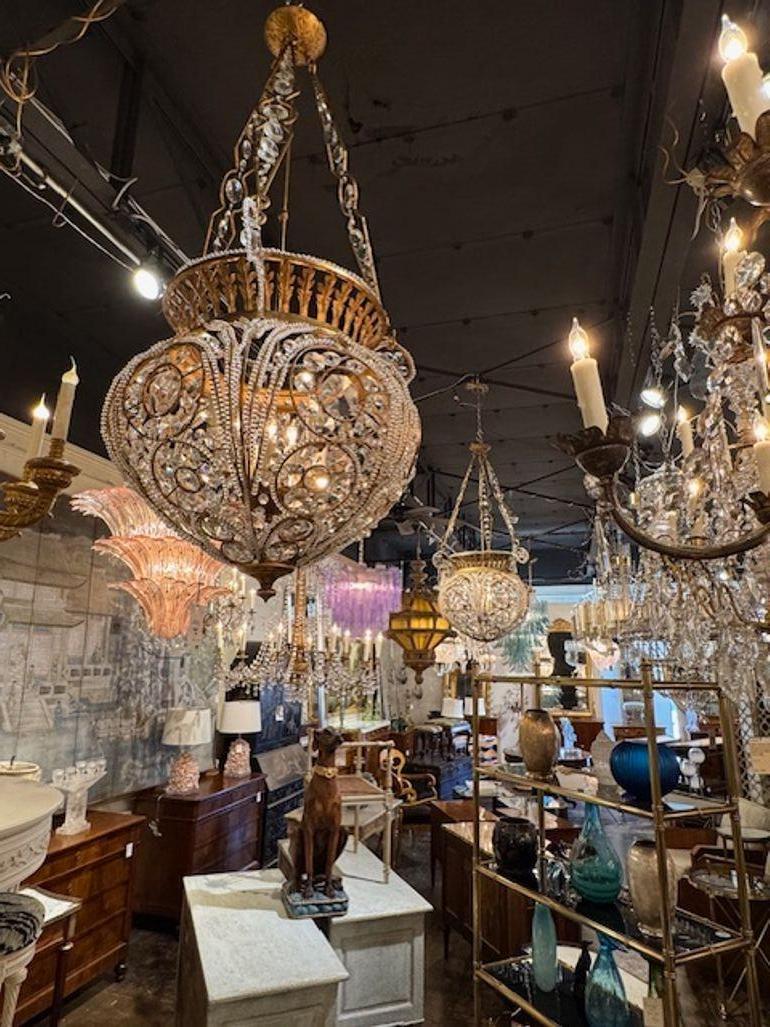 Large Scale Italian Crystal and Gilt Metal Basket Chandeliers In Good Condition For Sale In Dallas, TX