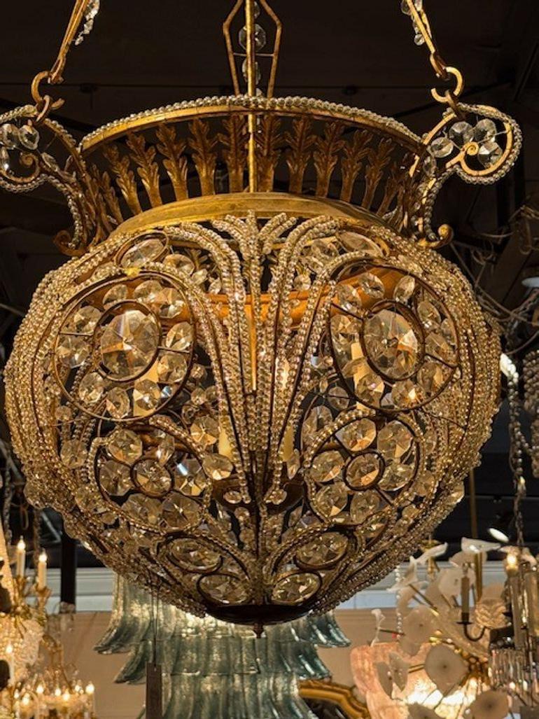 20th Century Large Scale Italian Crystal and Gilt Metal Basket Chandeliers For Sale