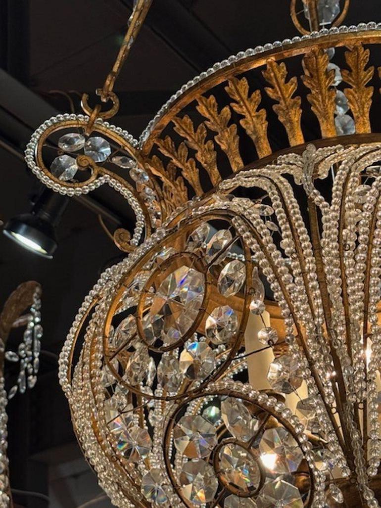 Large Scale Italian Crystal and Gilt Metal Basket Chandeliers For Sale 1