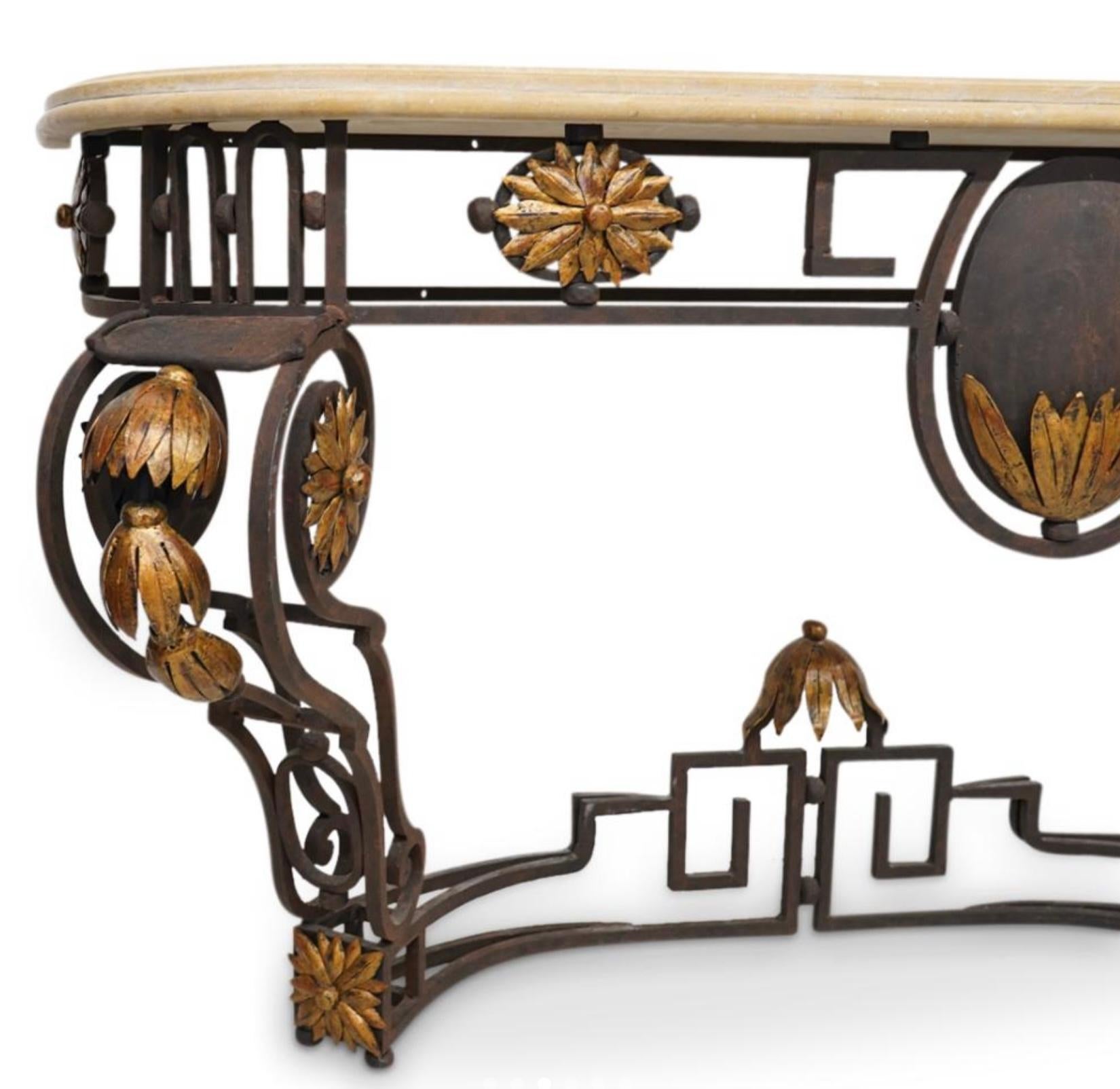 Baroque Large Scale Italian Gilt Iron Iron Wall Mounted Console Table with Stone Top For Sale