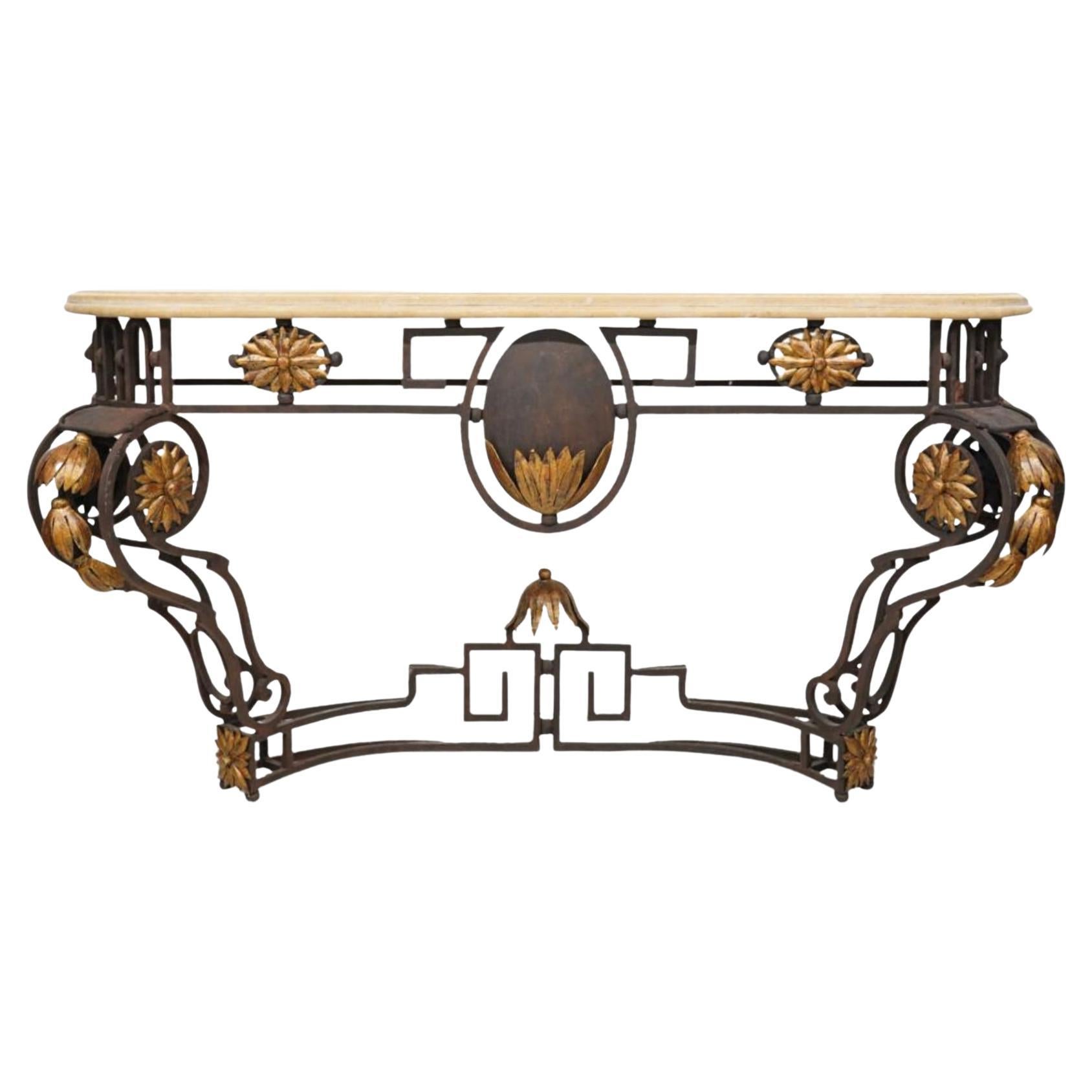 Large Scale Italian Gilt Iron Iron Wall Mounted Console Table with Stone Top