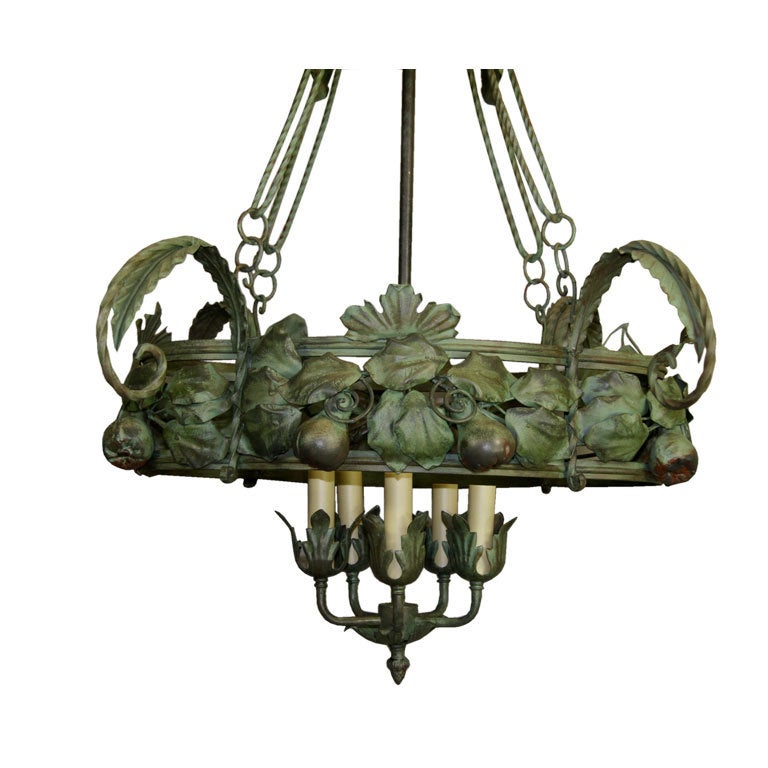 1-2420 a large tole and wrought iron foliate hand painted chandelier with 5 lite cluster.