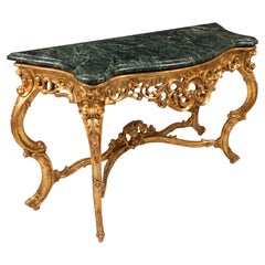 Large Scale Italian Louis XV Carved Giltwood Console Table W/ Verde Marble Top