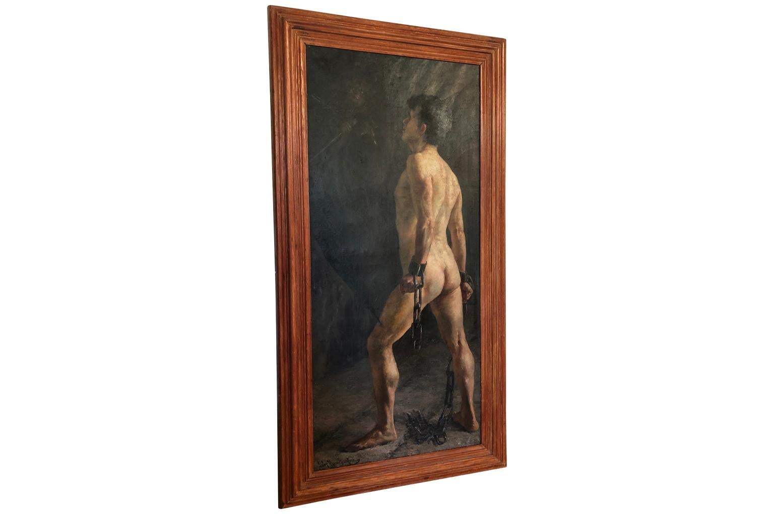 An outstanding and grand scale oil on canvas painting of a nude male. Entitled 