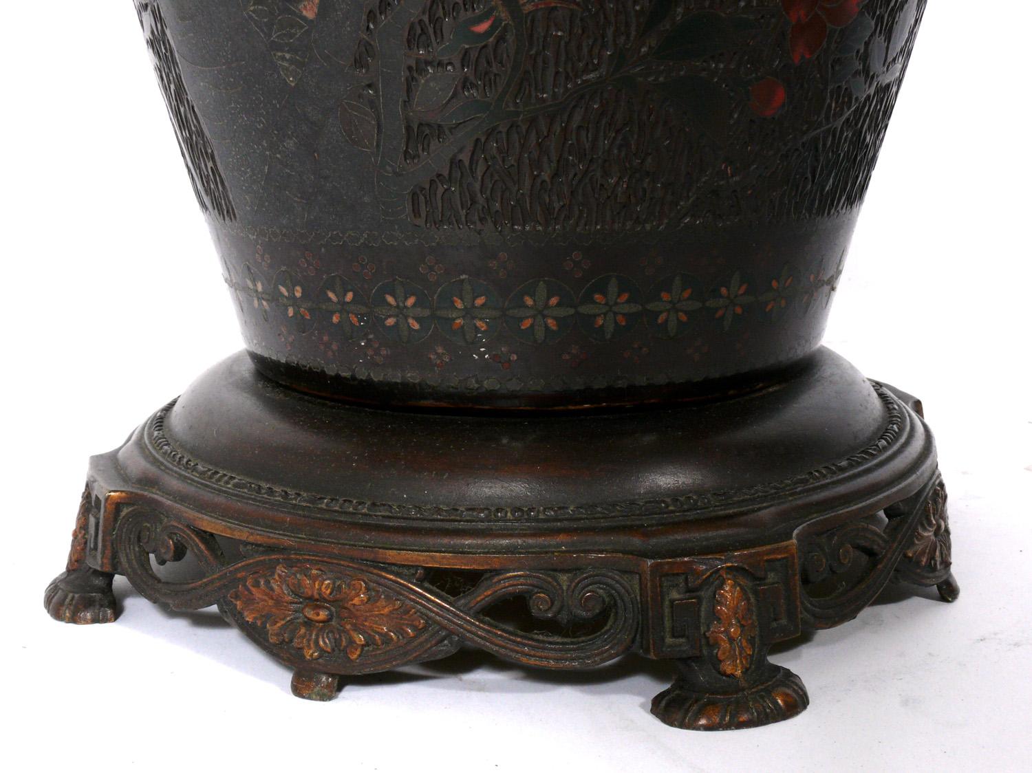 Large Scale Japanese Cloisonne Tree Bark Vase Lamp In Good Condition For Sale In Atlanta, GA