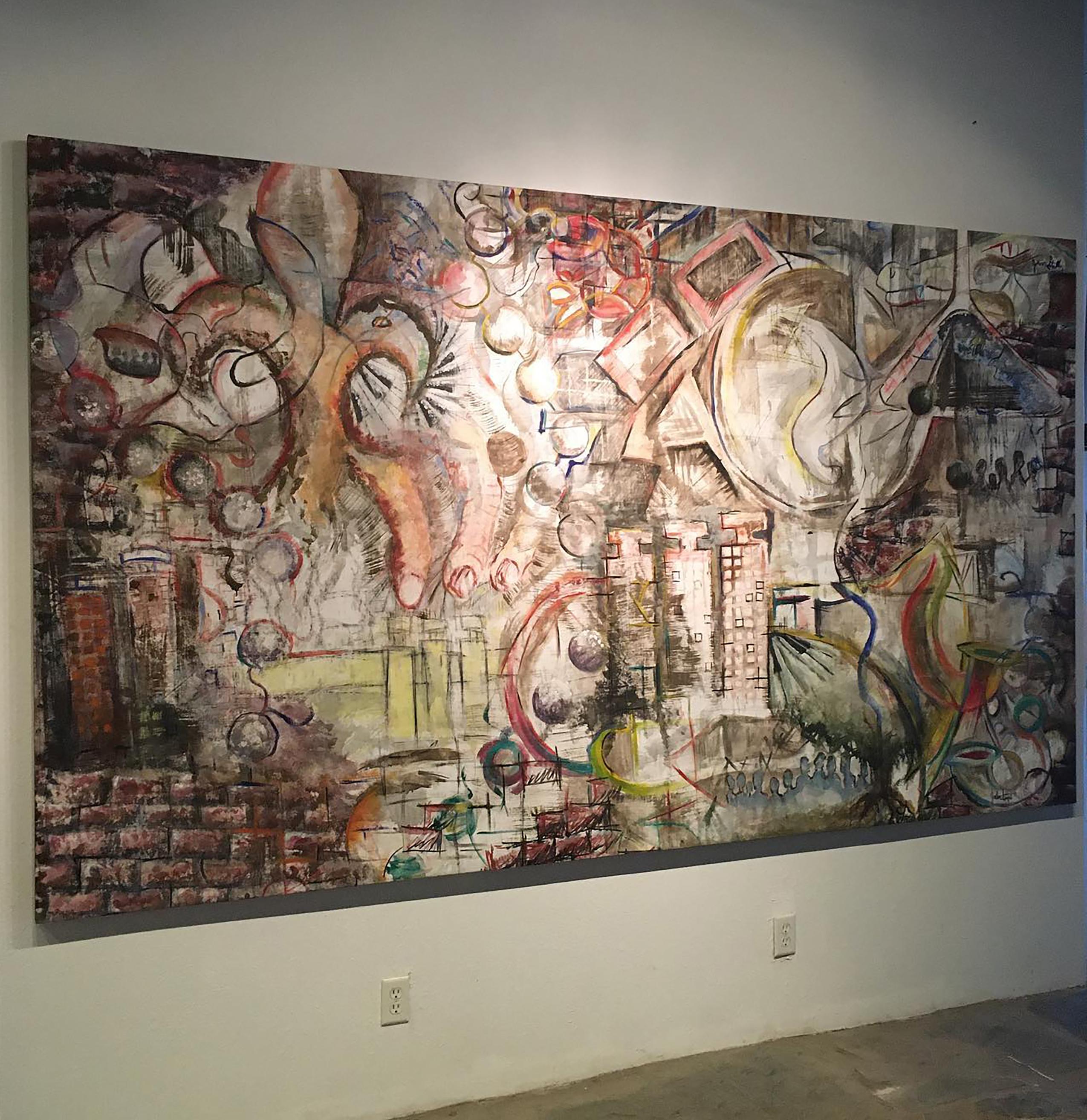 A mixed media painting of impressive scale on canvas created by Jason Stallings. Originally created for and curated and featured in a juried exhibition at a show in New Jersey in 2008. The stretcher frame was custom built and reinforced by the