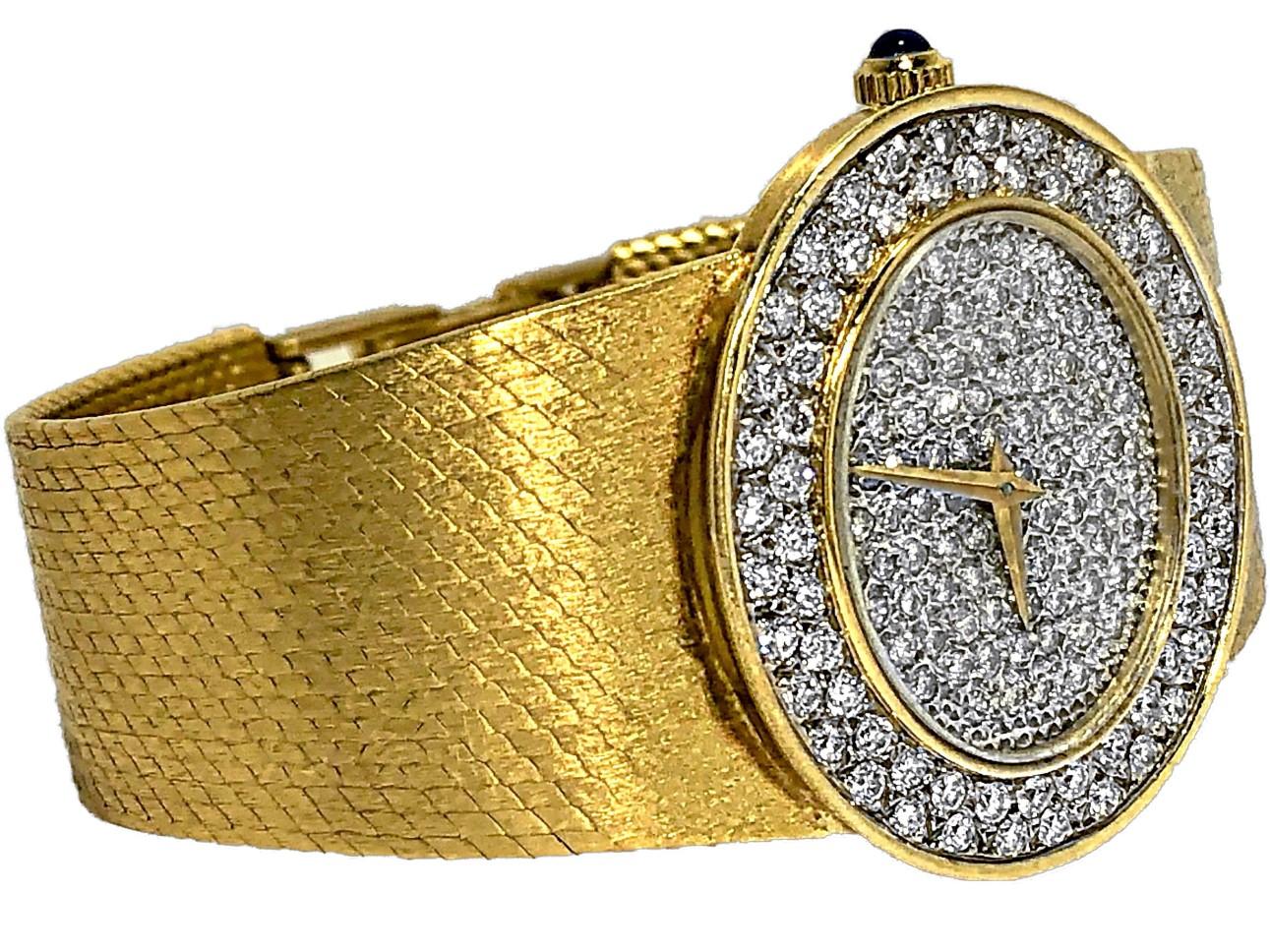 Großformatige Damen Vintage Bueche Girod Gelbgold- und Diamant-Armbanduhr (Brillantschliff) im Angebot