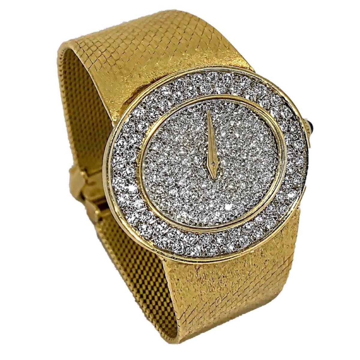 Großformatige Damen Vintage Bueche Girod Gelbgold- und Diamant-Armbanduhr im Angebot 4