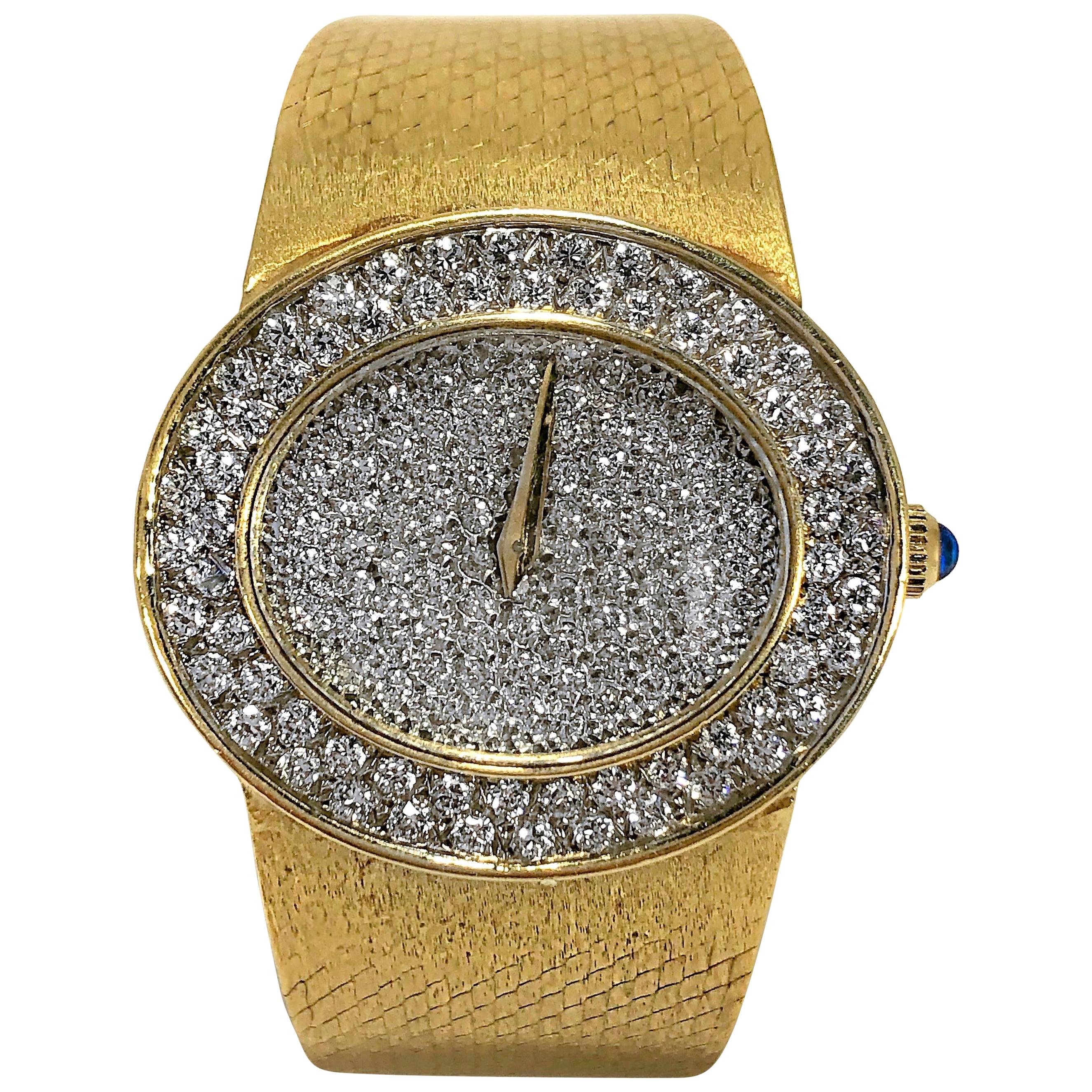 Large Scale Ladies Vintage Bueche Girod Yellow Gold and Diamond Wrist Watch