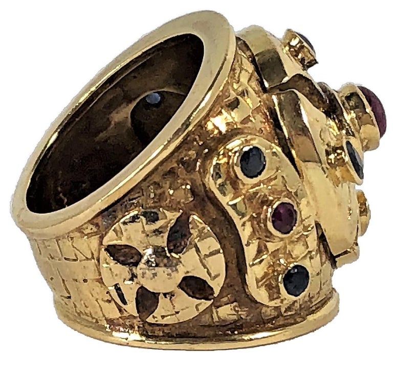 Large Scale Lalaounis Gold Band Ring with Rubies and Sapphires For Sale