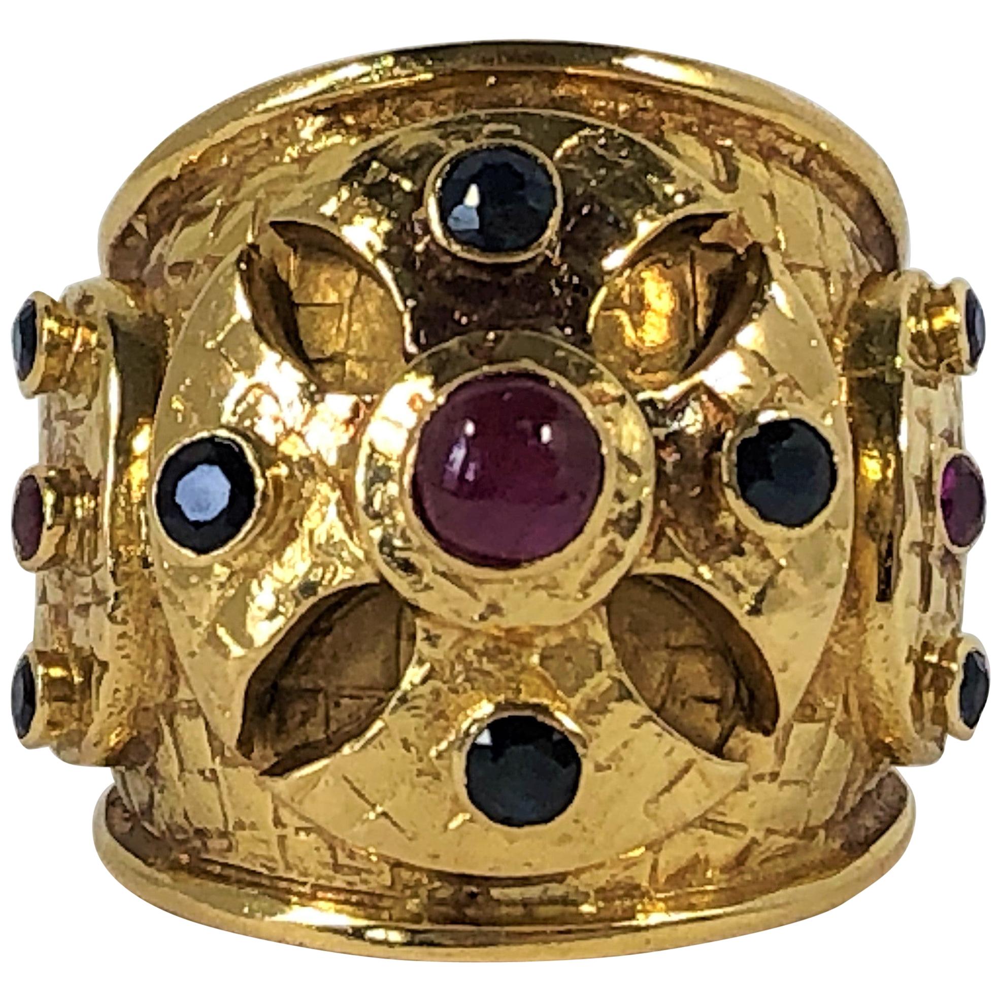 Large Scale Lalaounis Gold Band Ring with Rubies and Sapphires