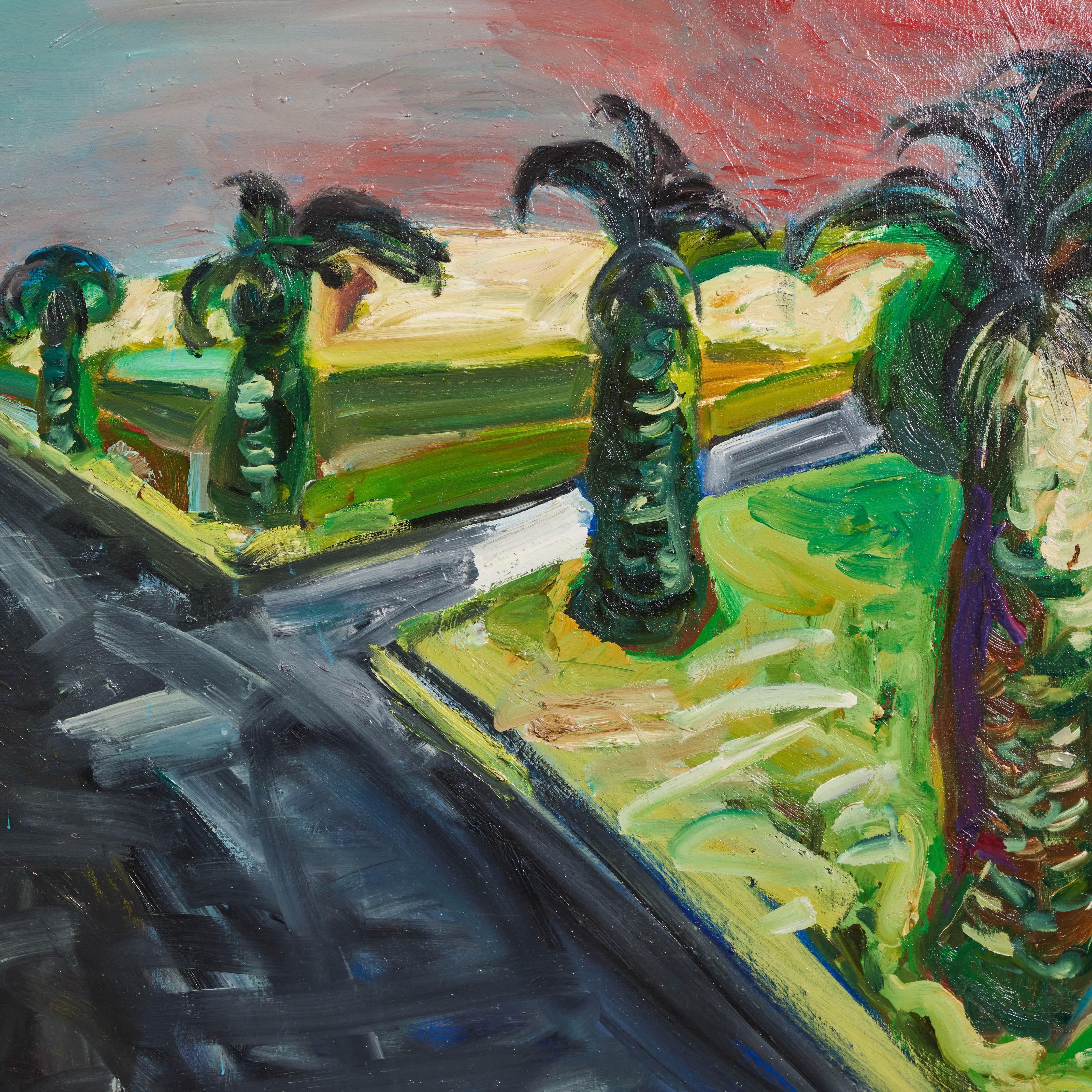 Mid-Century Modern Grande peinture à l'huile de paysage d'une rue bordée de palmiers, réalisée par l'artiste John dans les années 1970.  en vente