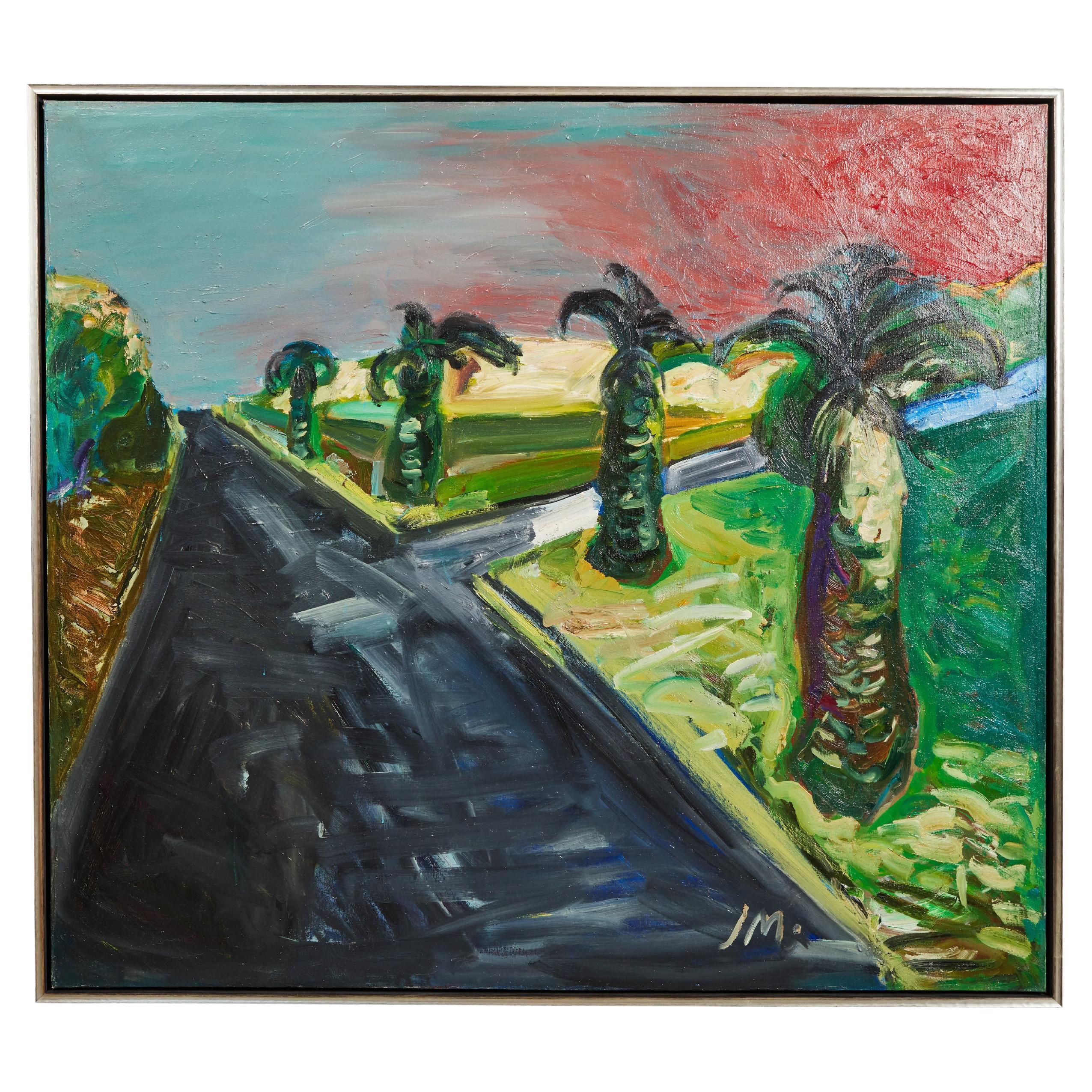 Paesaggio di grandi dimensioni dipinto a olio di una strada fiancheggiata da palme, anni '70 circa, dell'artista Johns