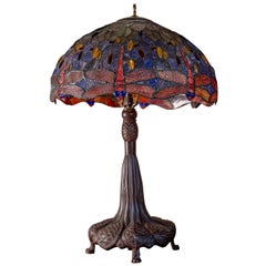 Lampe de table en verre plombé de grande taille dans le style des Tiffany Studios de New York