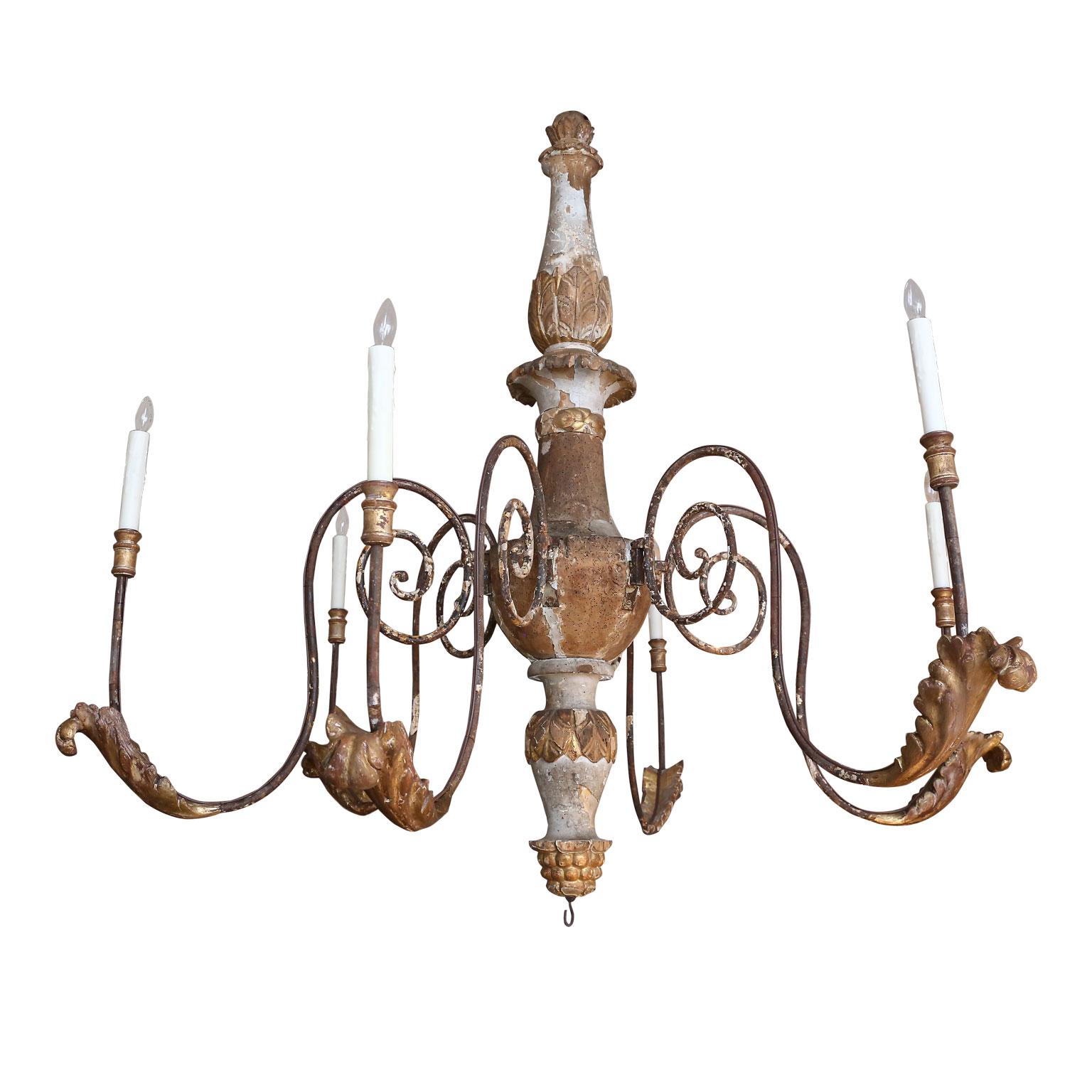 Large Scale Forged Iron and Carved Wood Chandelier 1