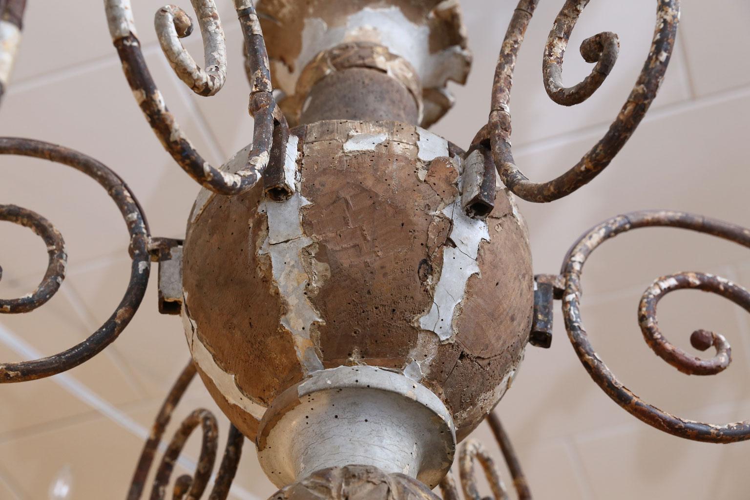 Large Scale Forged Iron and Carved Wood Chandelier 6
