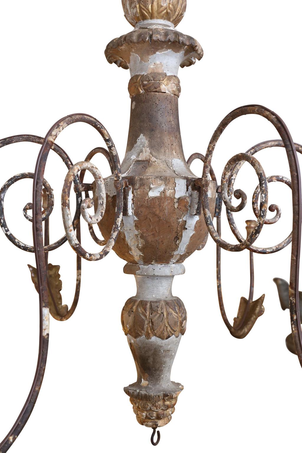 Large Scale Forged Iron and Carved Wood Chandelier In Good Condition In Houston, TX