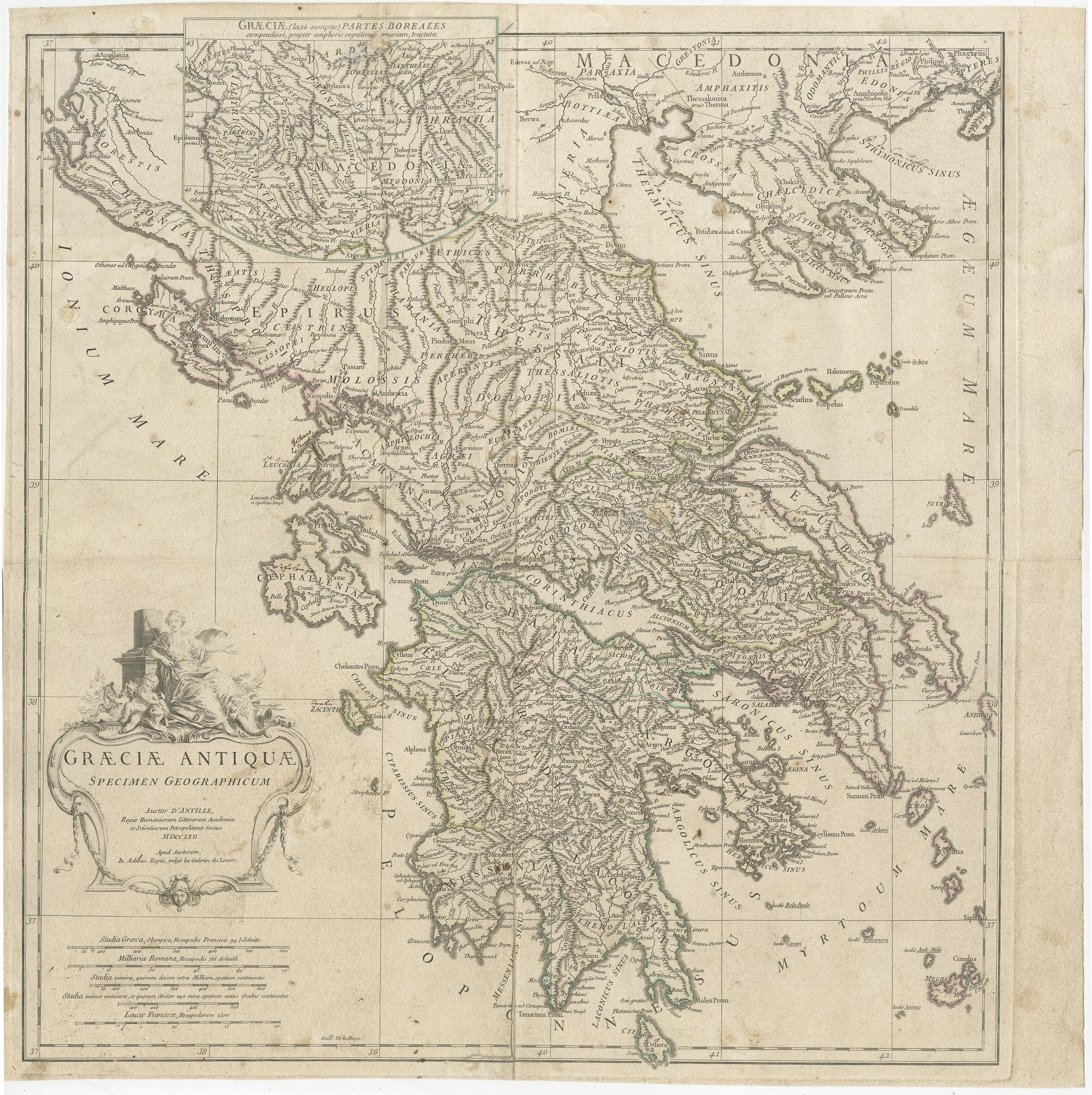 Antique map titled 'Graeciae Antiquae'. 

Large scale map of Greece, extends south to the island of Cythera. Inset map shows details of Macedonia. Published circa 1786. 

Artists and Engravers: Jean-Baptiste Bourguignon d'Anville, French