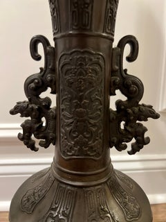 Large Scale Meiji Japanese Bronze Table Lamp W/ Floral Candelabra Mounts
