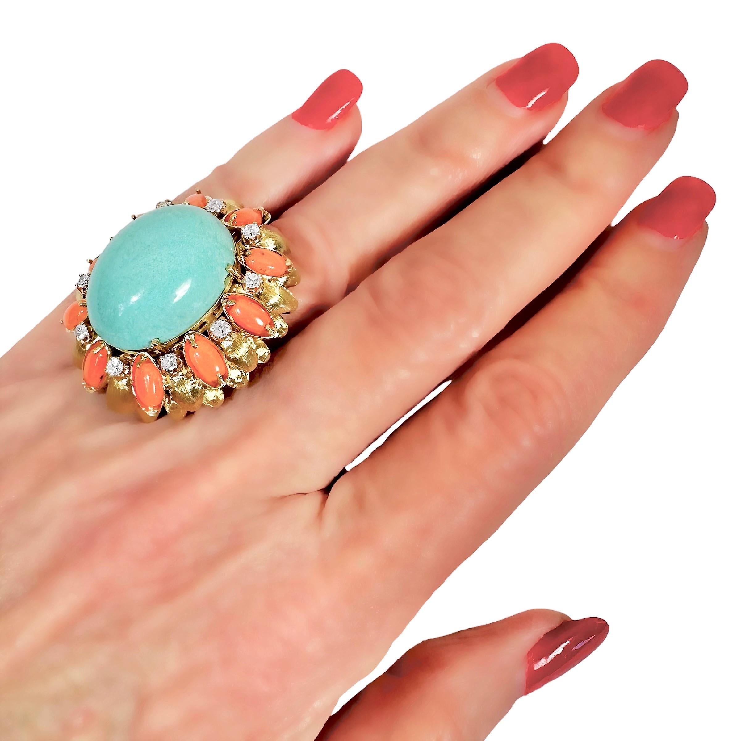 Large Scale Mid-20th Century 18K Yellow Gold, Coral, Turquoise and Diamond Ring For Sale 4