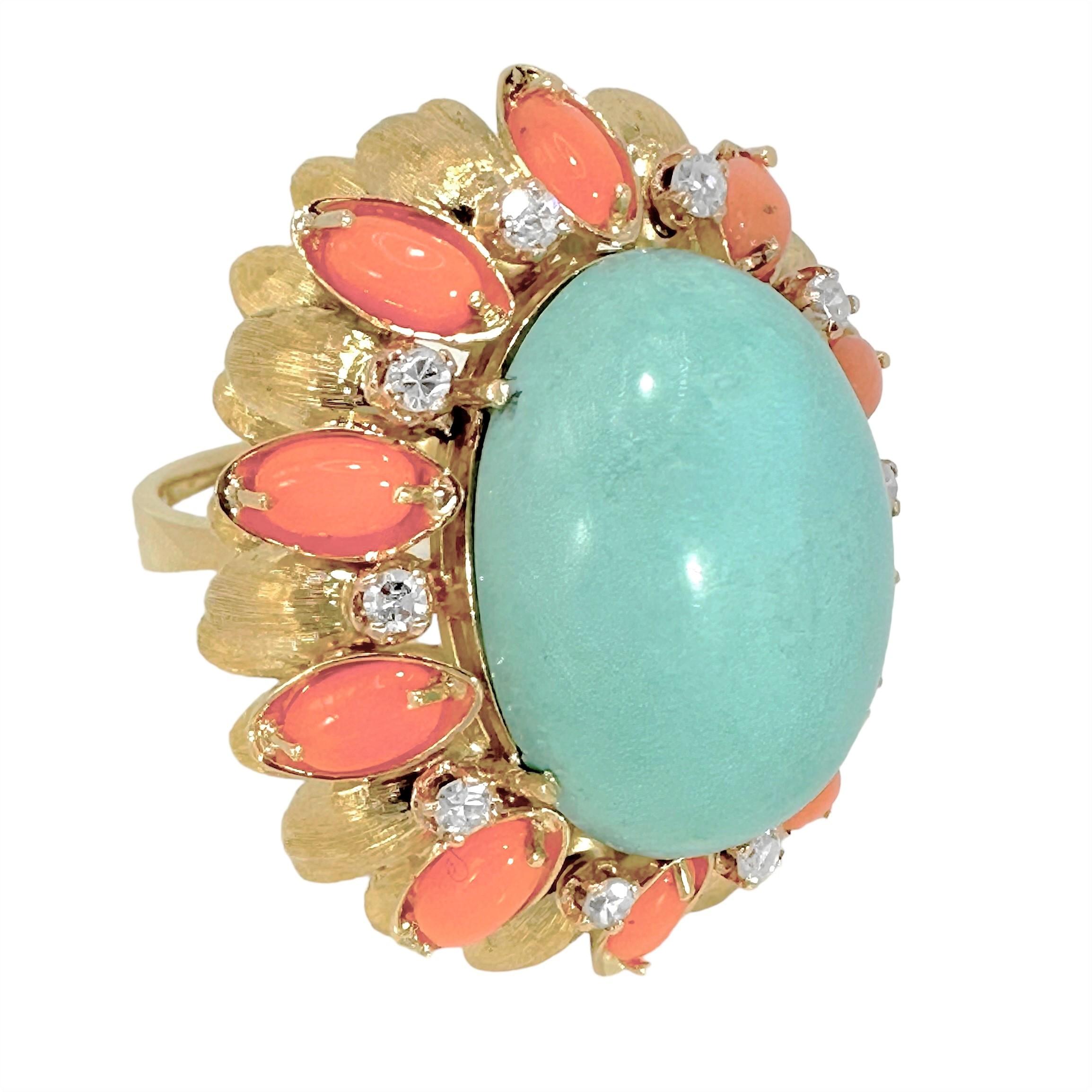 Modern Large Scale Mid-20th Century 18K Yellow Gold, Coral, Turquoise and Diamond Ring