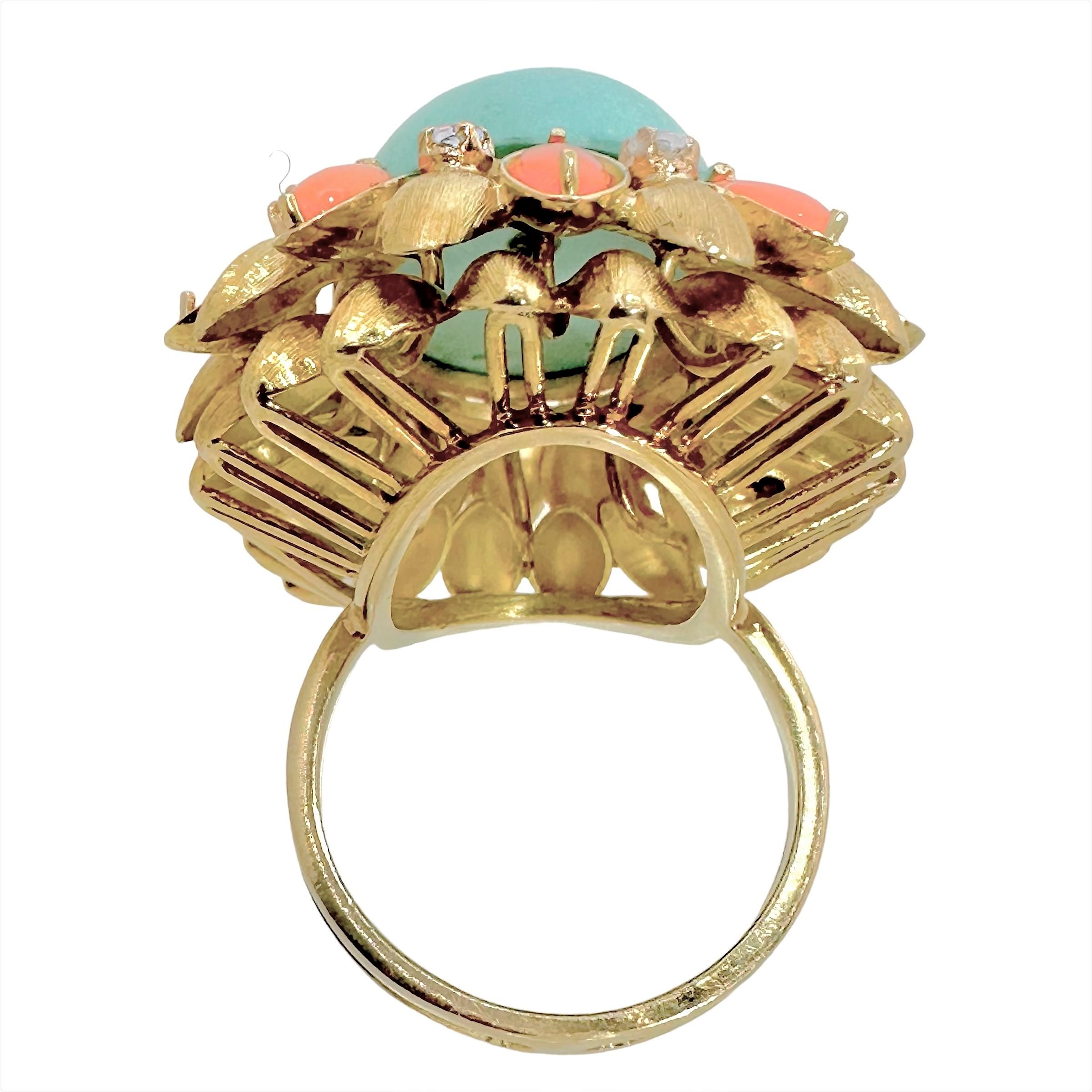 Cabochon Large Scale Mid-20th Century 18K Yellow Gold, Coral, Turquoise and Diamond Ring